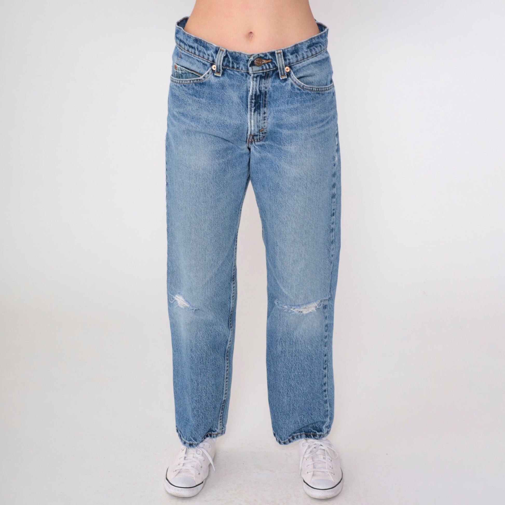 90s Levi's 555 Relaxed Straight Leg Jeans Distressed Blue Denim 31x30