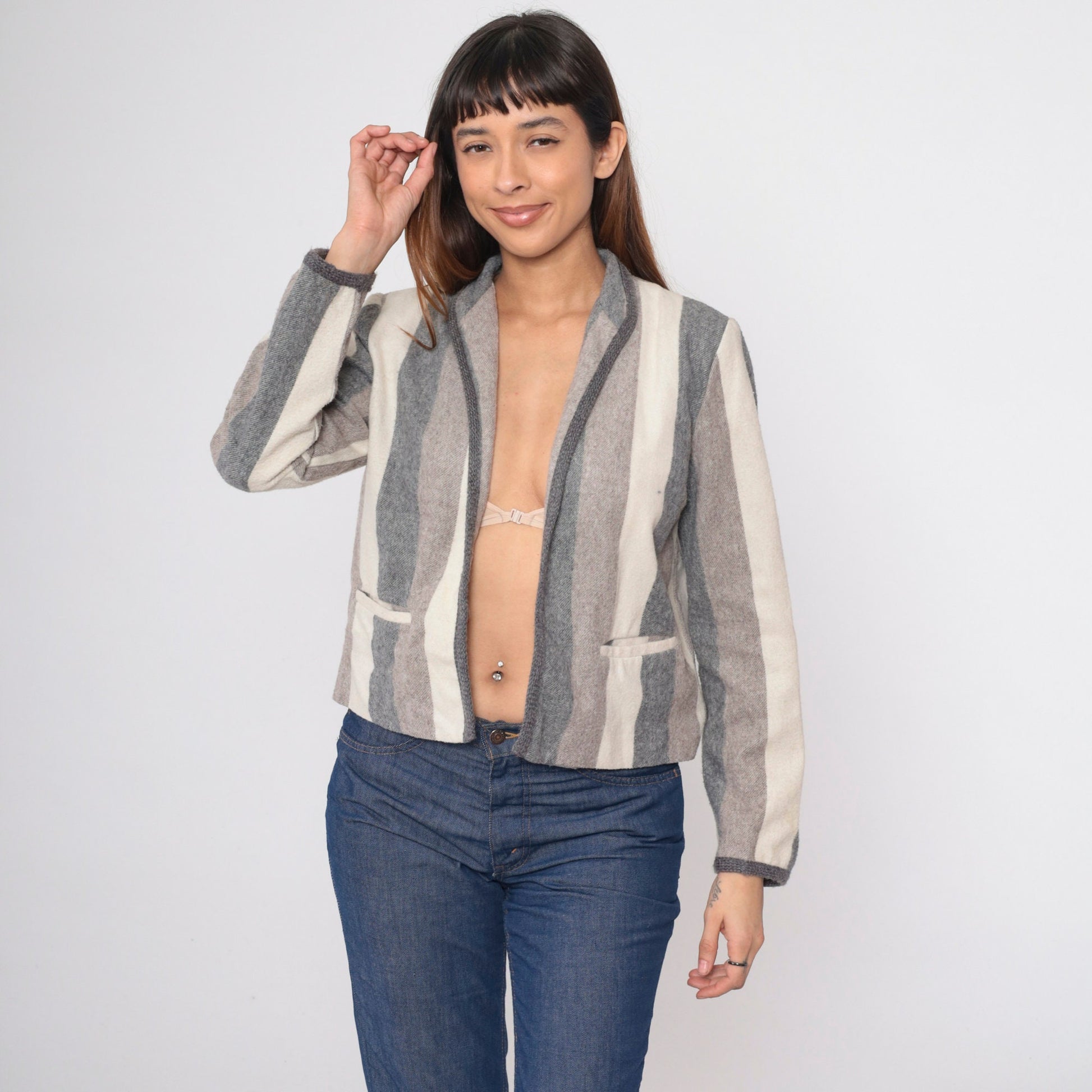 80s Striped Wool Blend Blazer Open Front Jacket Grey Brown Cream Small Medium
