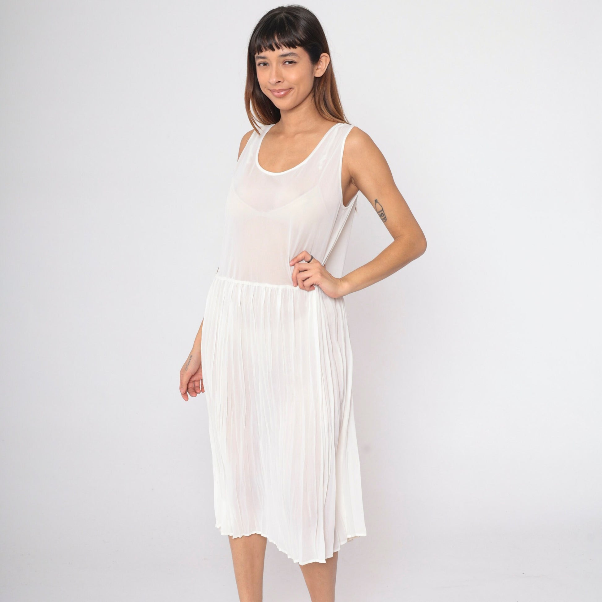 80s Sheer White Pleated Midi Dress Drop Waist Sleeveless Scoop Neck Large 12