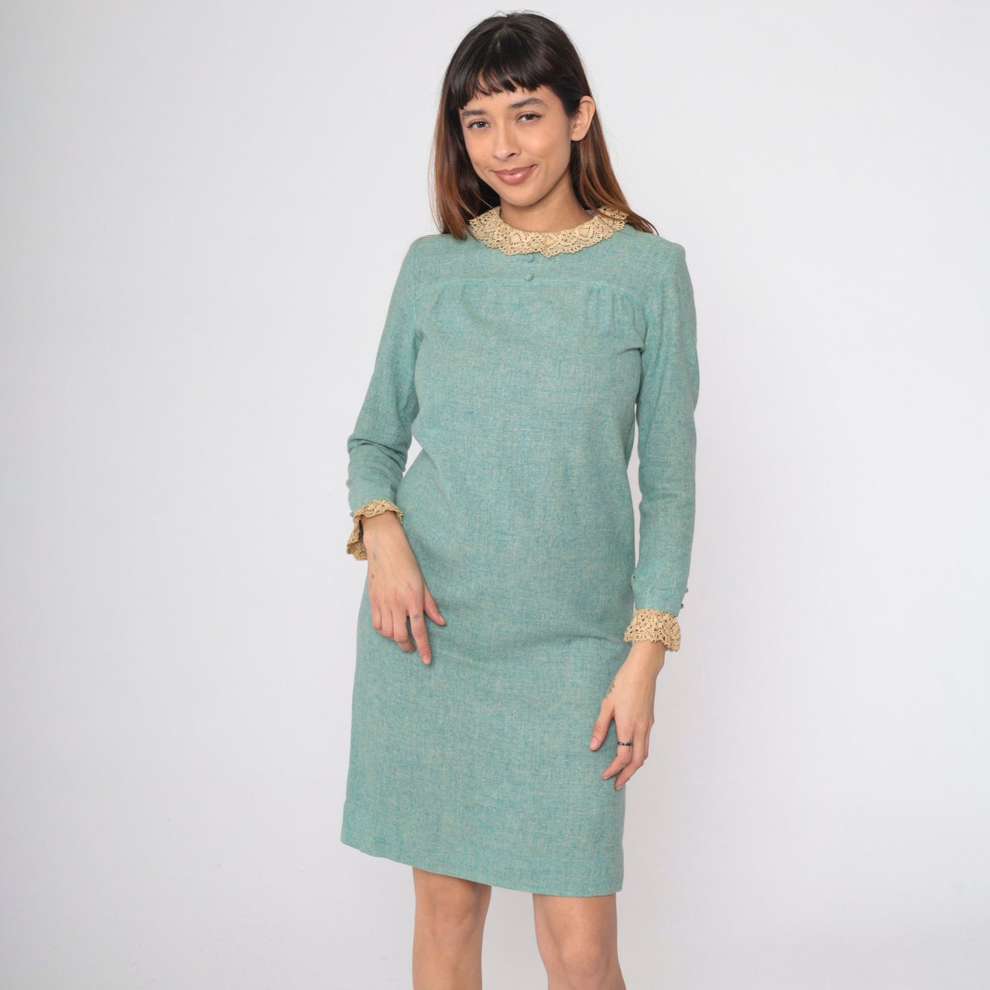 60s Mod Shift Dress Seafoam Wool Blend Lace Collar Long Sleeve Small