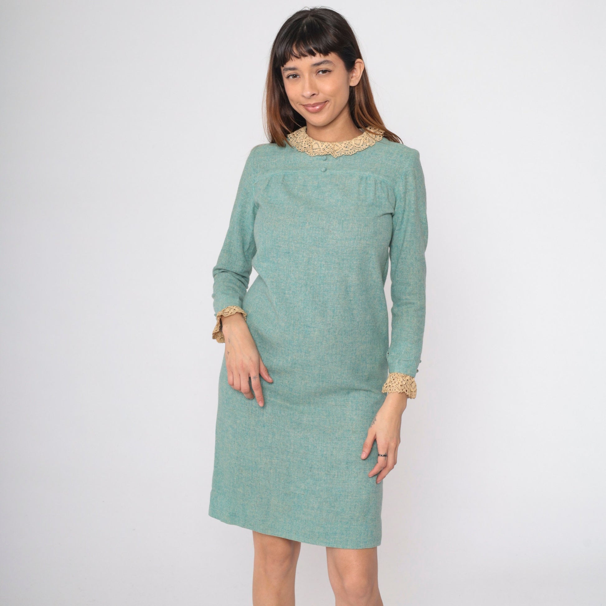 60s Mod Shift Dress Seafoam Wool Blend Lace Collar Long Sleeve Small