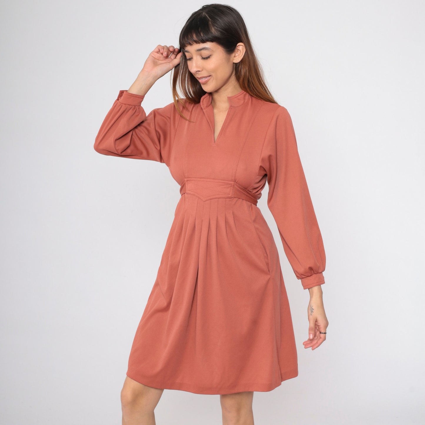 70s Terra Cotta Empire Waist Mini Dress Mandarin Collar Long Sleeve Small
