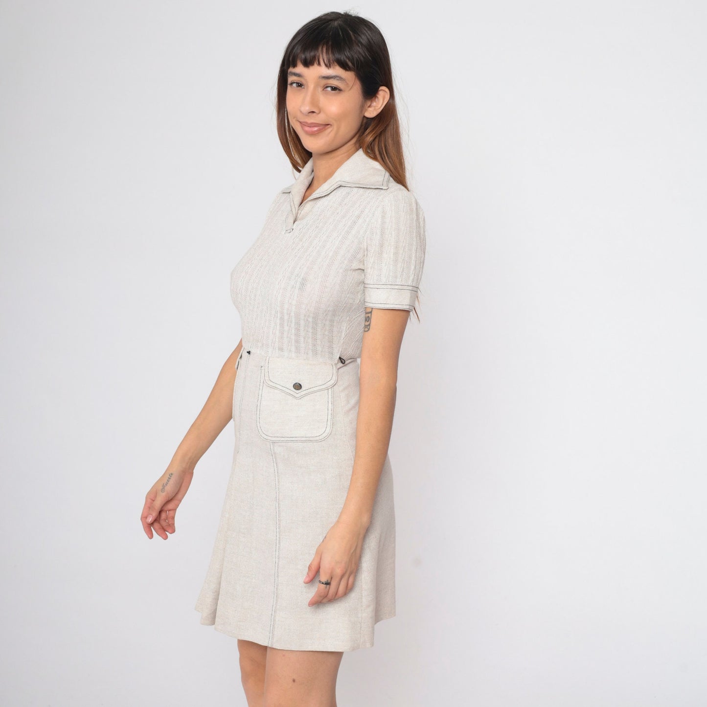 70s Peck & Peak Mini Dress Light Beige Cable Knit High Waist Small