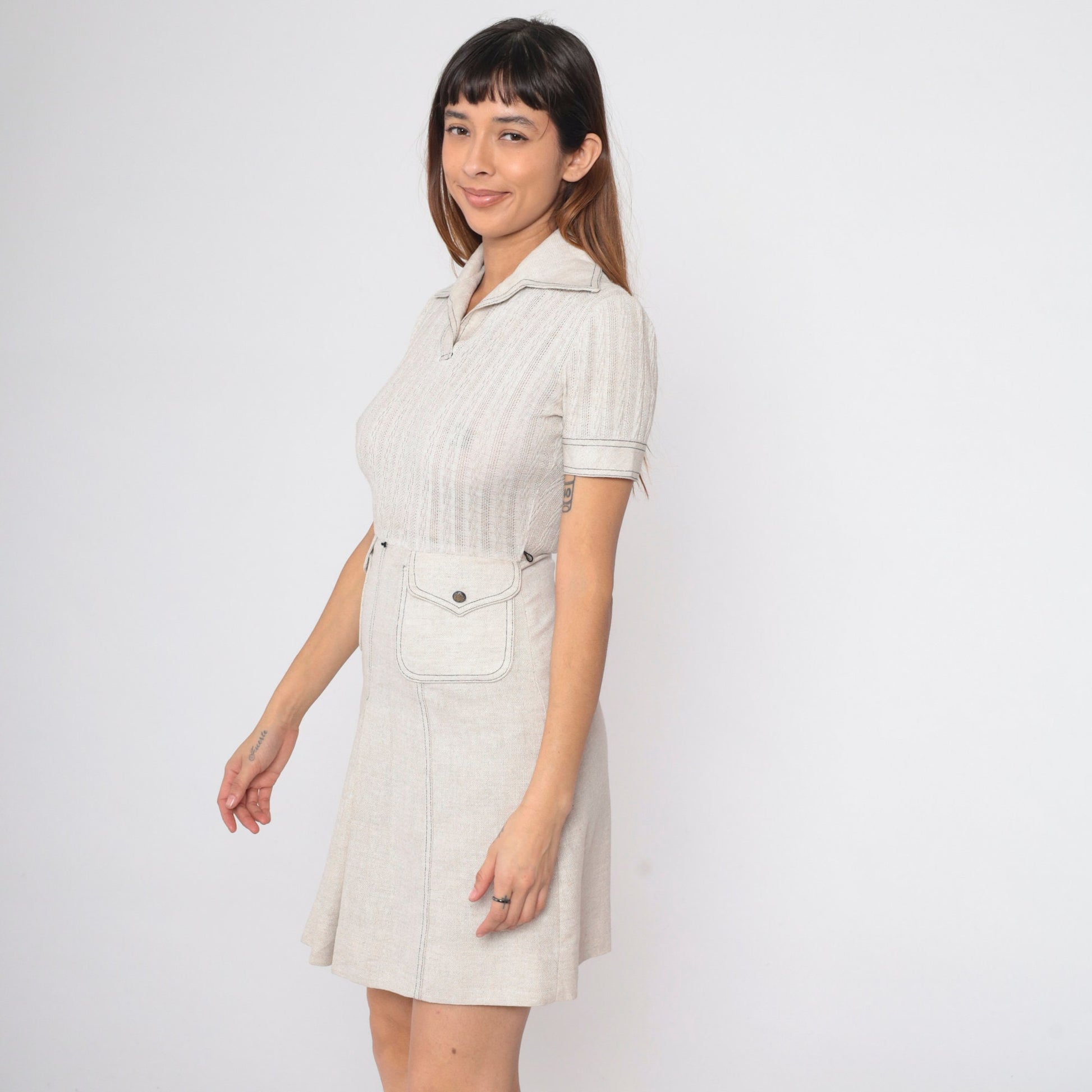 70s Peck & Peak Mini Dress Light Beige Cable Knit High Waist Small