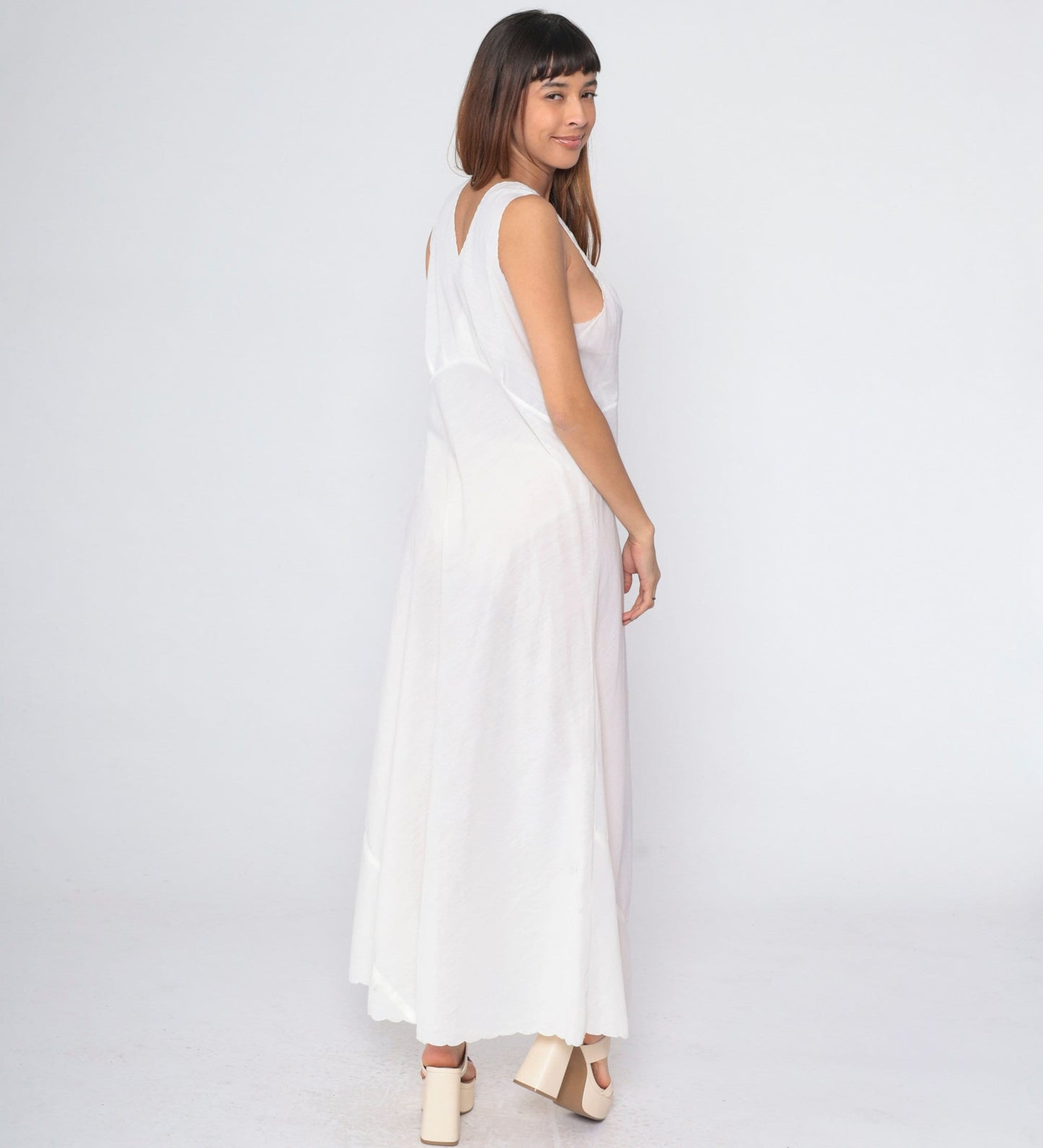 70s Lily White Floral Embroidered Cutout Slip Dress Maxi Nightgown Medium