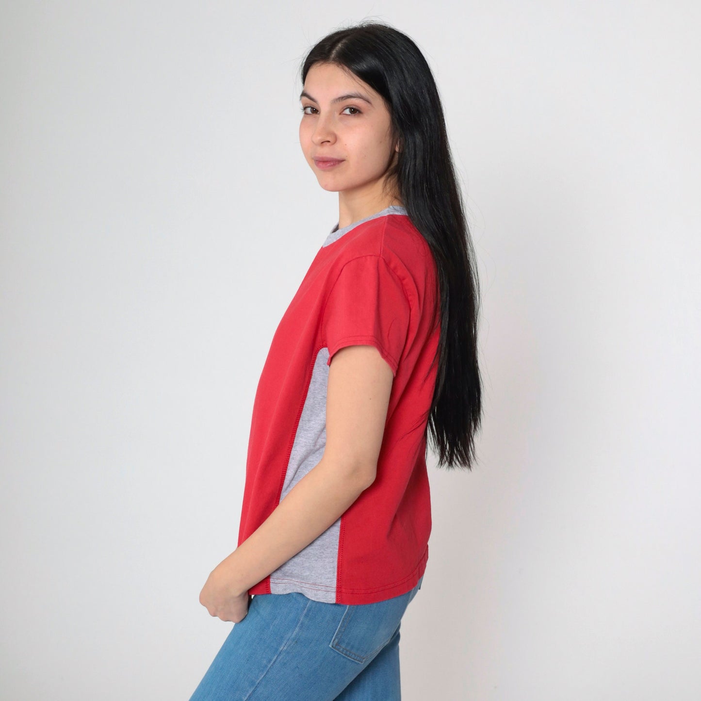 90s Bike Ringer T-Shirt Red Grey Striped V-Neck Cotton Tee Medium