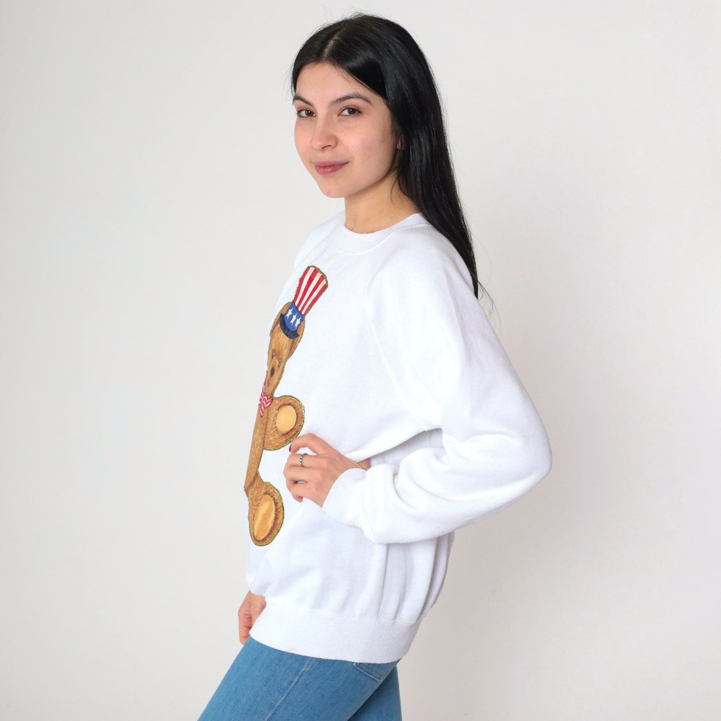90s Uncle Sam Teddy Bear Glitter Sweatshirt White Graphic Crewneck Large L