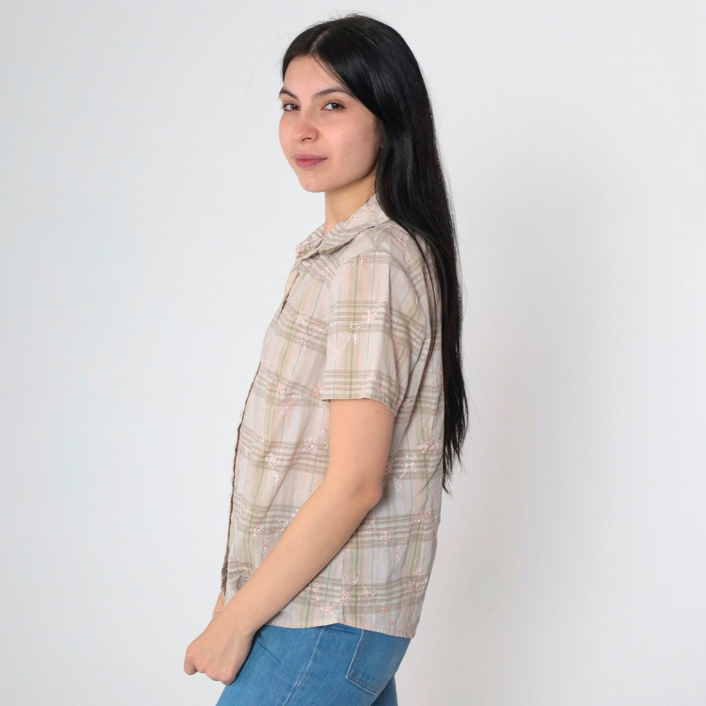 90s Plaid Floral Eyelet Button Up Blouse Short Sleeve Peach White Green Medium