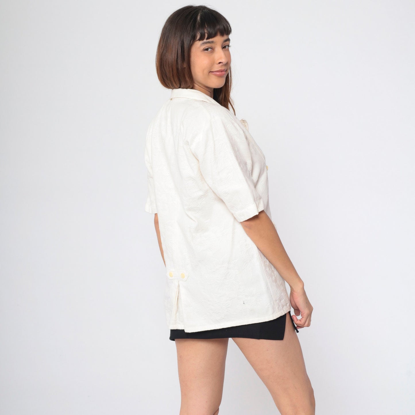 90s Cream Floral Embossed Double Breasted Button Up Blouse Short Sleeve Large