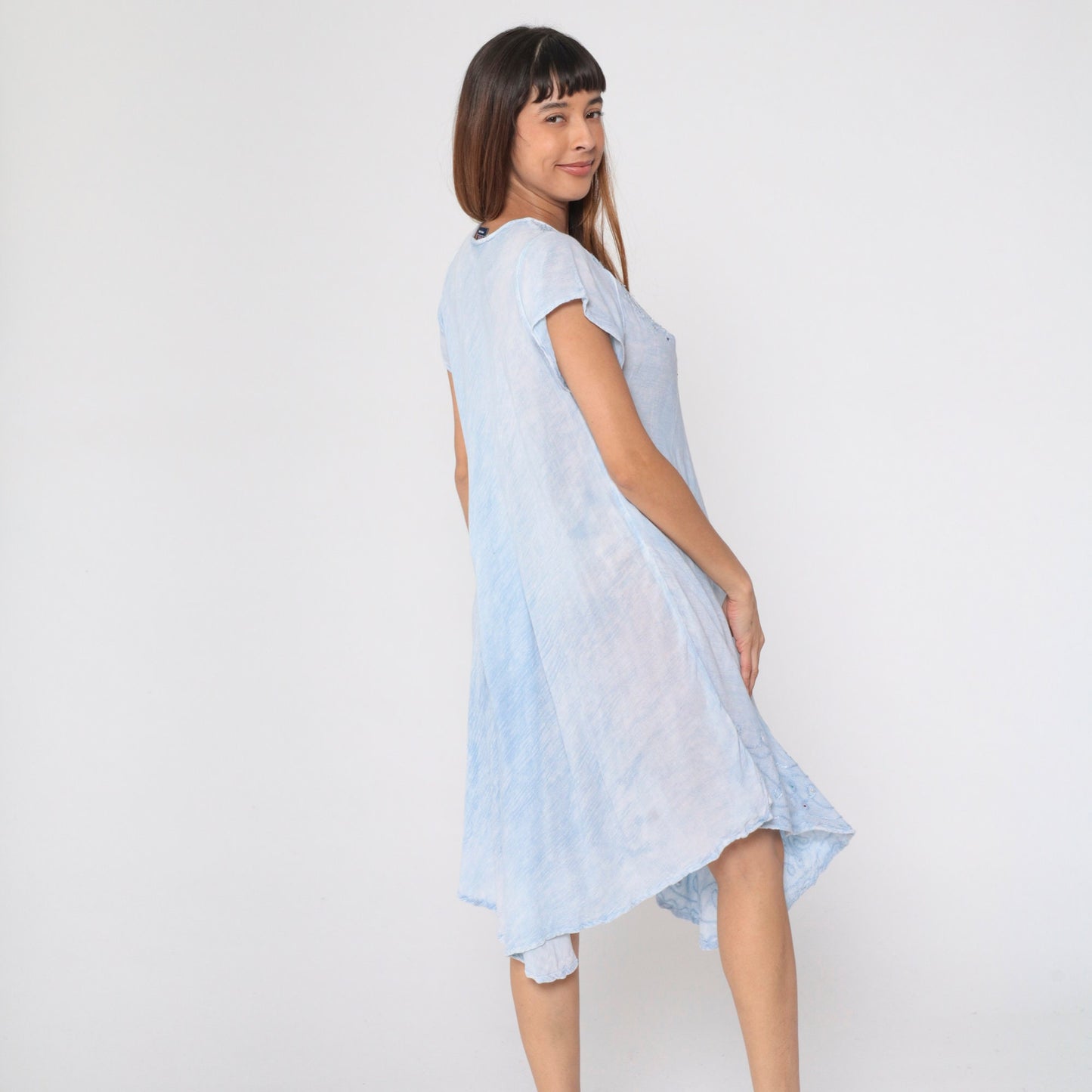 Y2K Tie Dye Baby Blue Midi Dress Rhinestone Embroidered Keyhole Neck