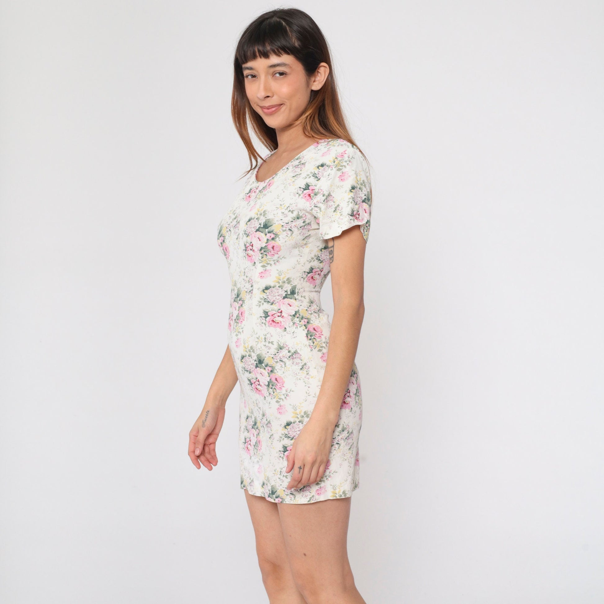 90s Cream Floral Mini Dress Rose Print Short Sleeve Pencil Extra Small XS