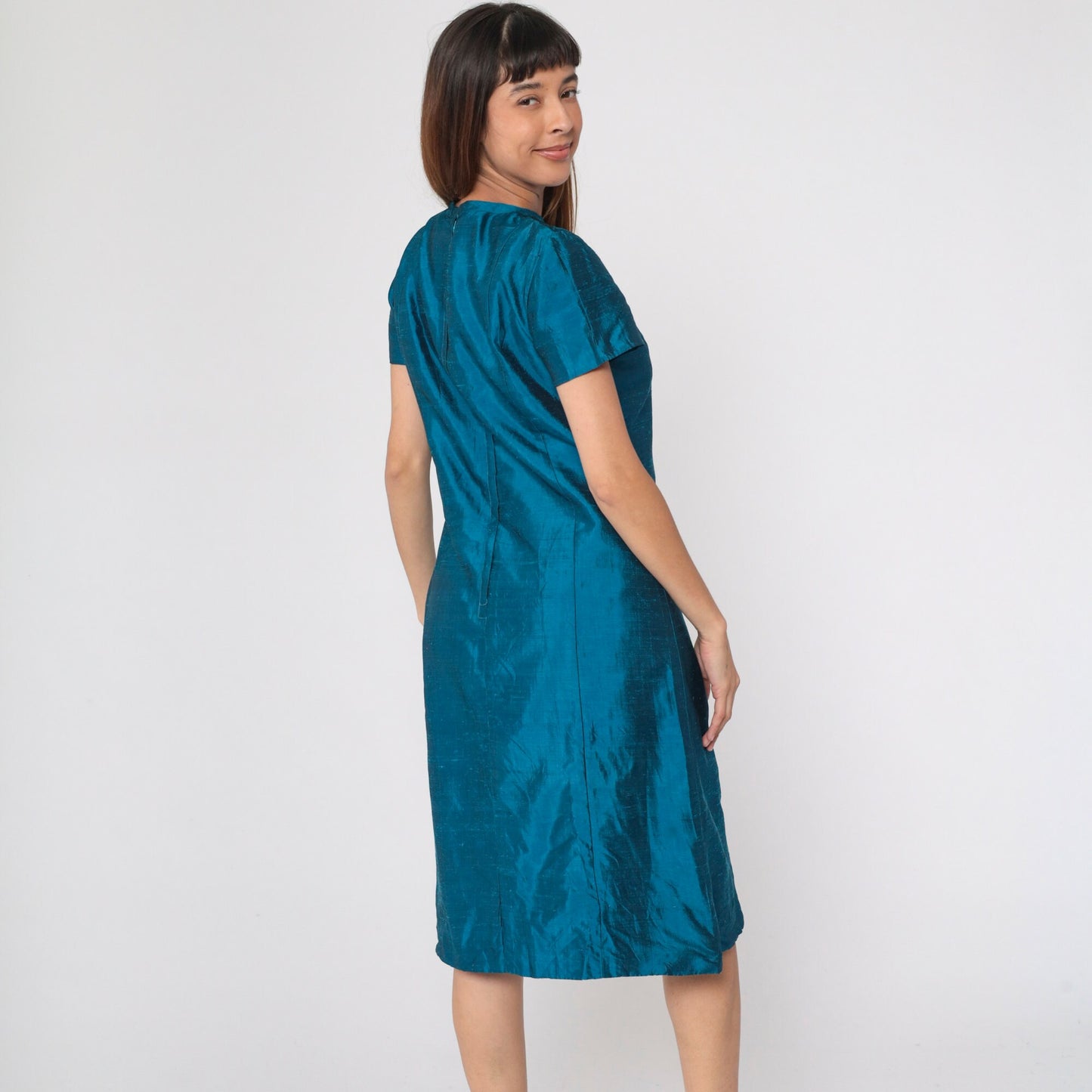 60s Iridescent Blue Silk Midi Dress A-Line Short Sleeve Medium