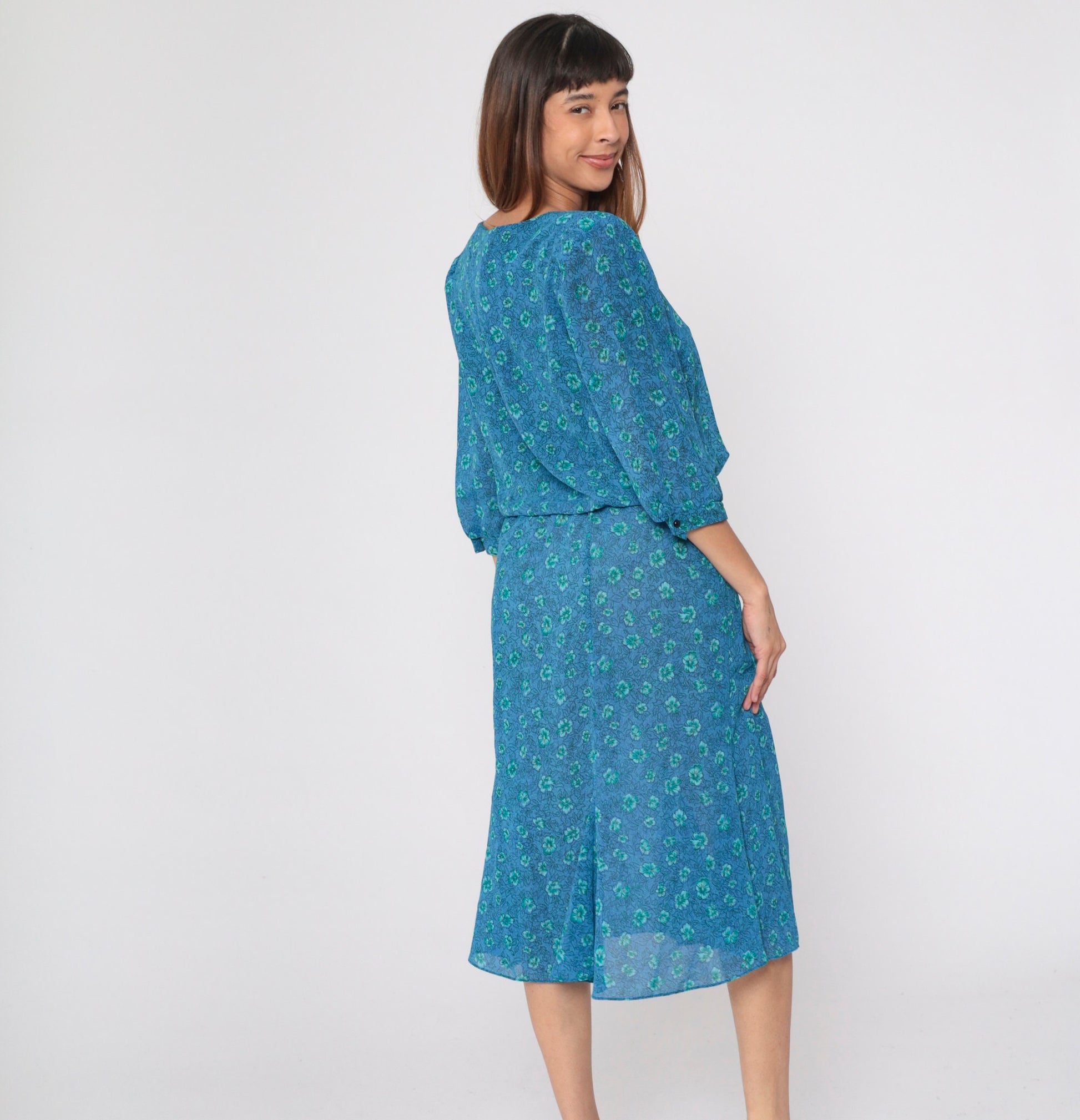 90s Blue Floral Midi Dress Puff Sleeve High Waist Blouson Medium M