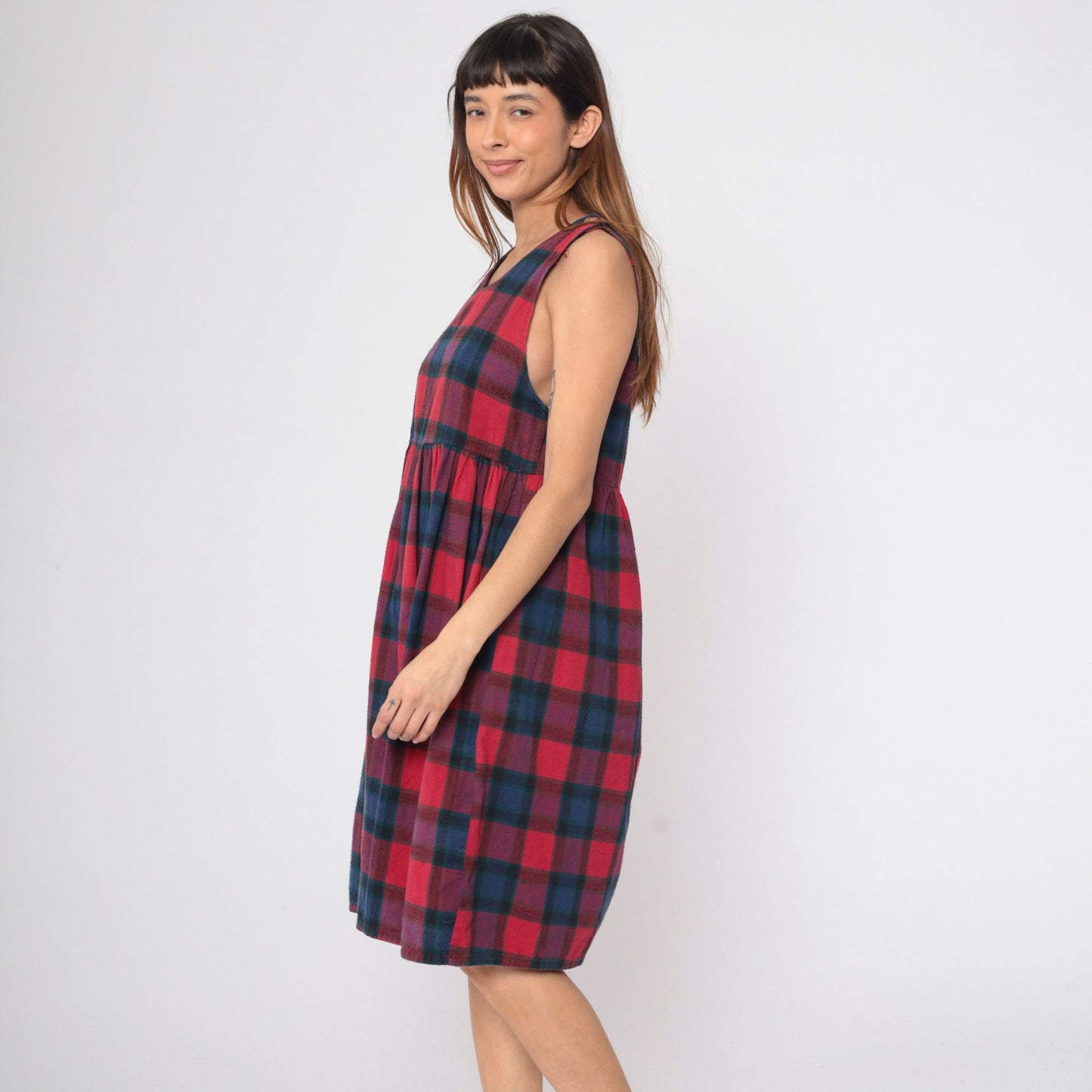 90s Plaid Midi Jumper Dress Button Straps Empire Waist Red Blue Checkered Small