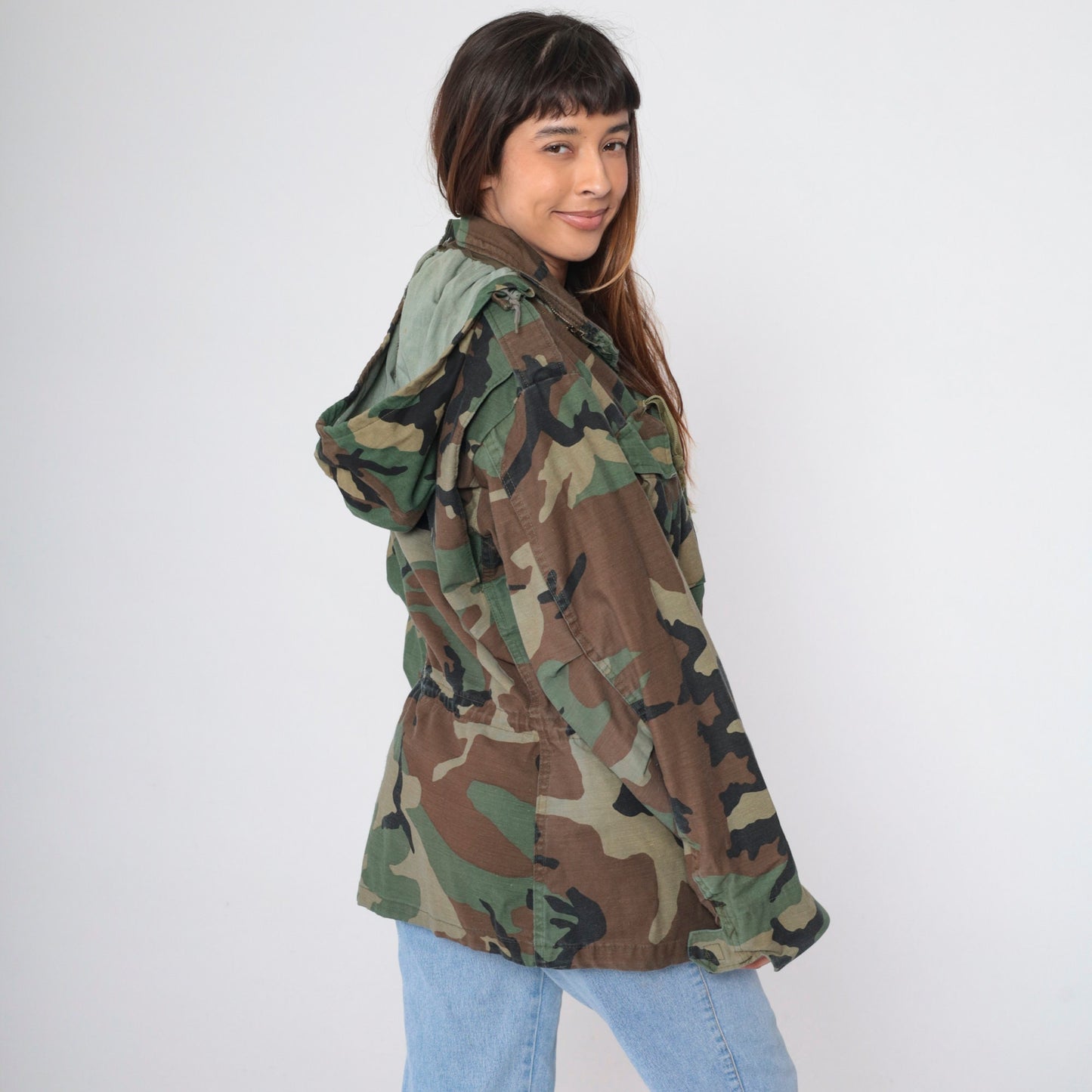 90s Military Camouflage Hooded Jacket Green Cargo Zip Snap Small