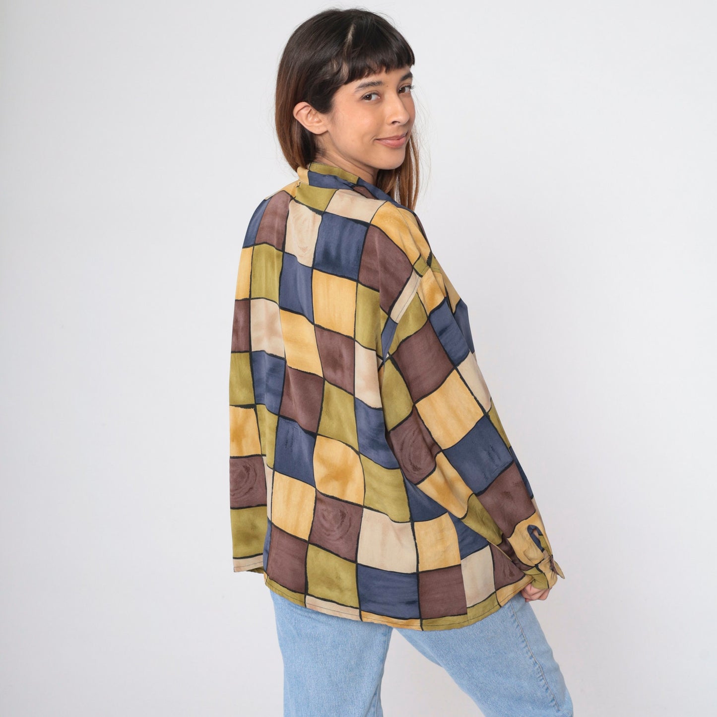 90s Checkerboard Button-Up Blouse Multicolor Long Sleeve Collared Shirt Extra Large XXL