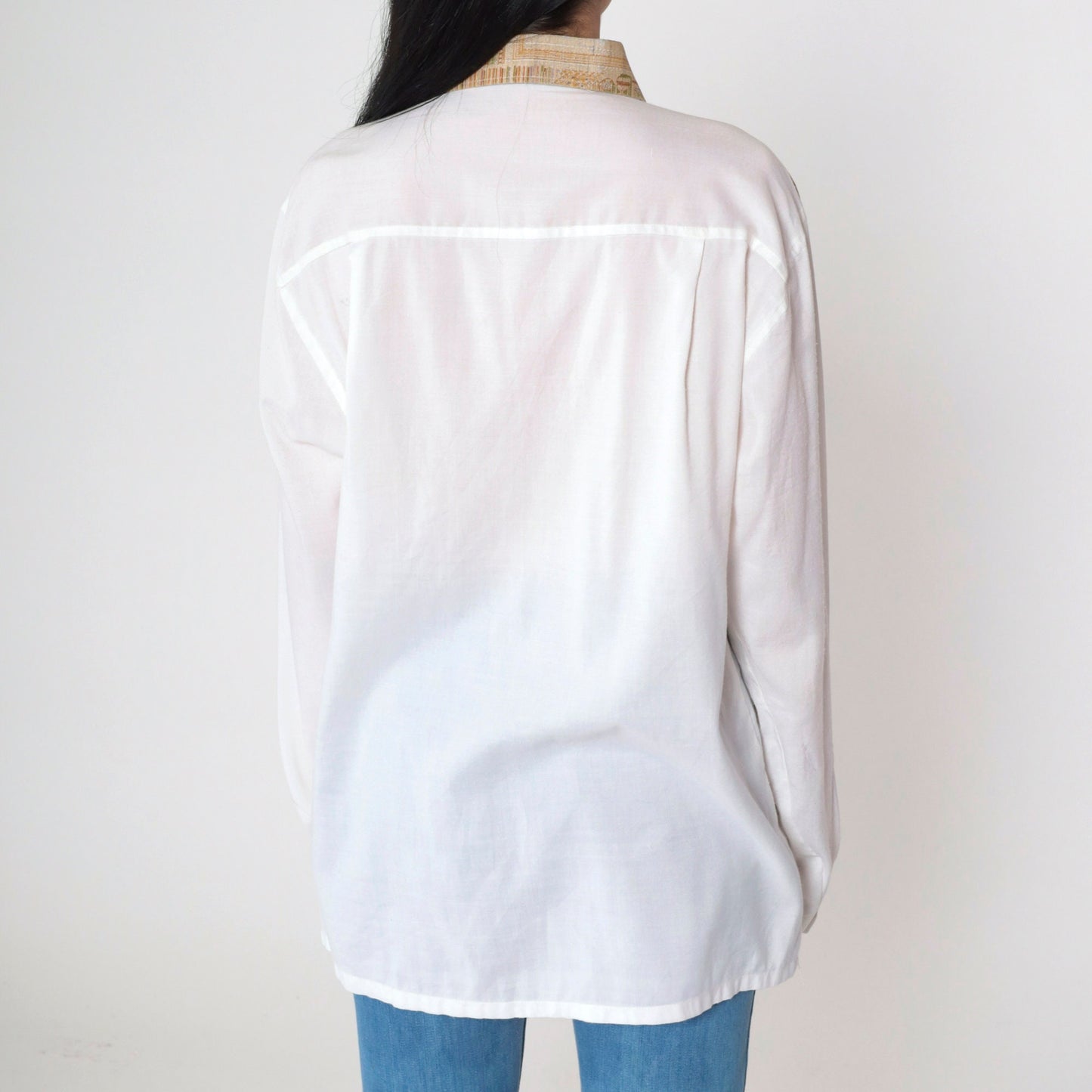 90s White Embroidered Button-Up Shirt Geometric Yoke Long Sleeve Large L