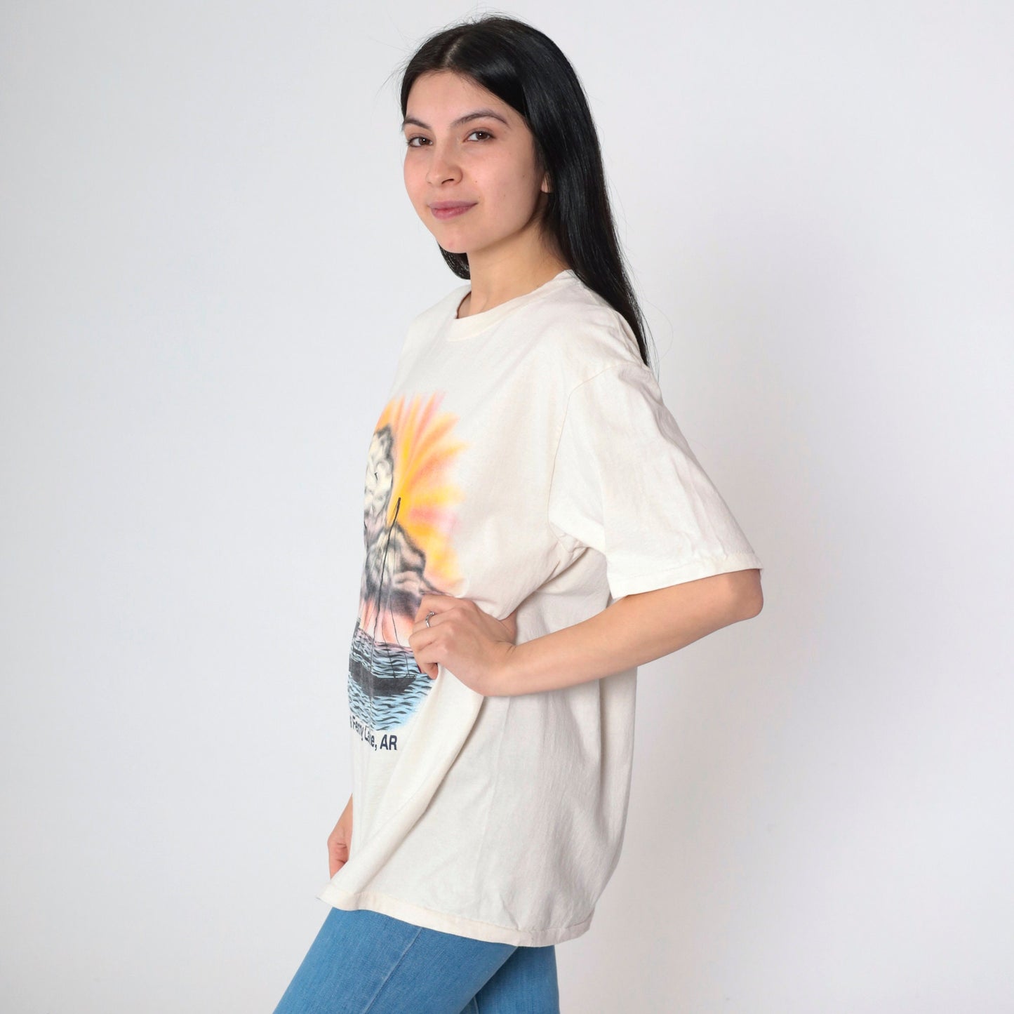 90s Greers Ferry Lake Arkansas Sailboat Graphic T-Shirt Pale Yellow Single Stitch Medium
