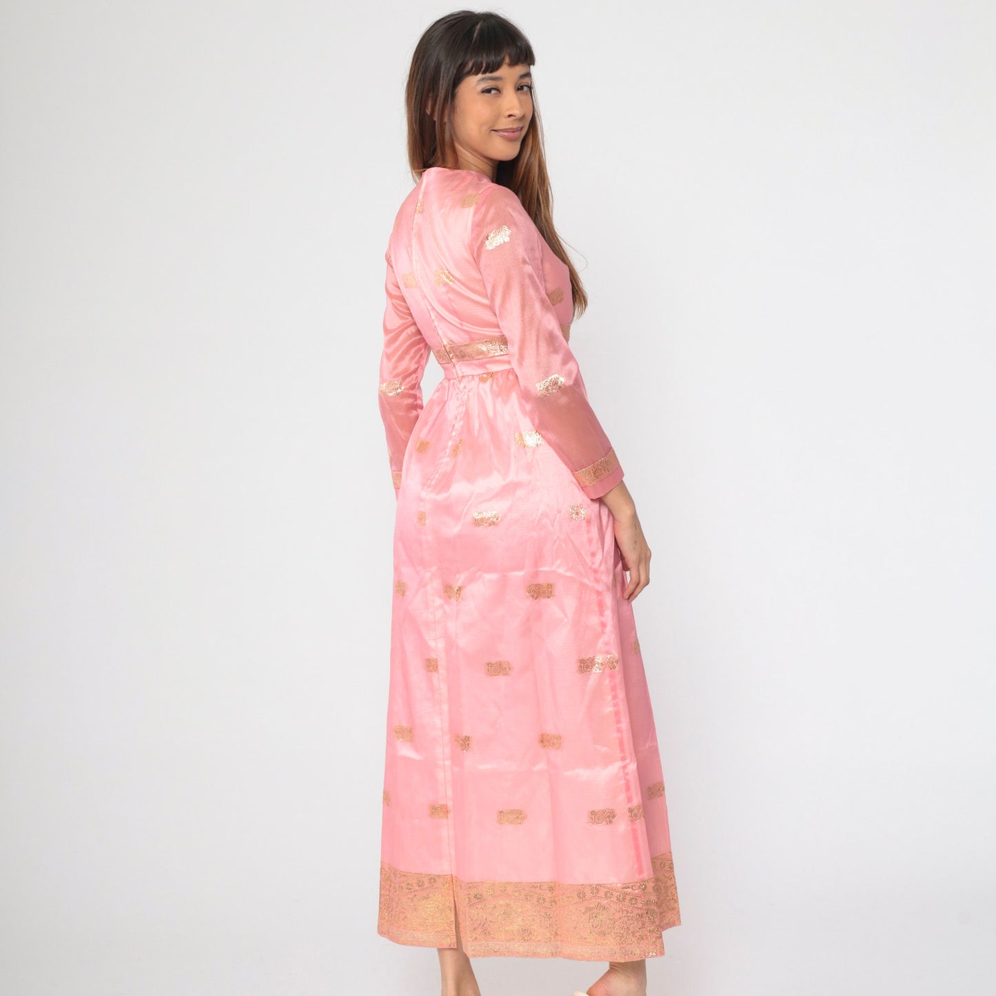 60s Pink Organza Maxi Dress Gold Embroidered Floral Paisley Long Sleeve Small