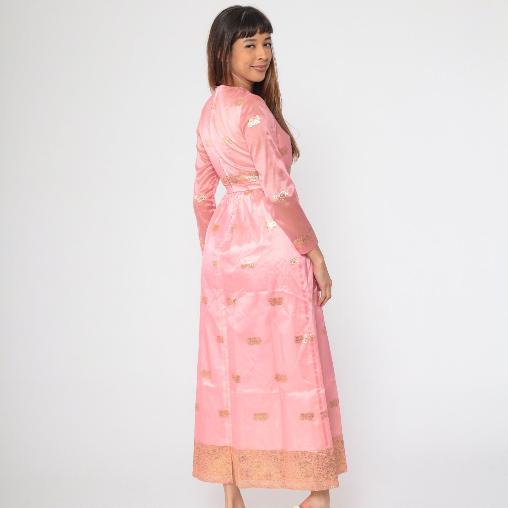 60s Pink Organza Maxi Dress Gold Embroidered Floral Paisley Long Sleeve Small