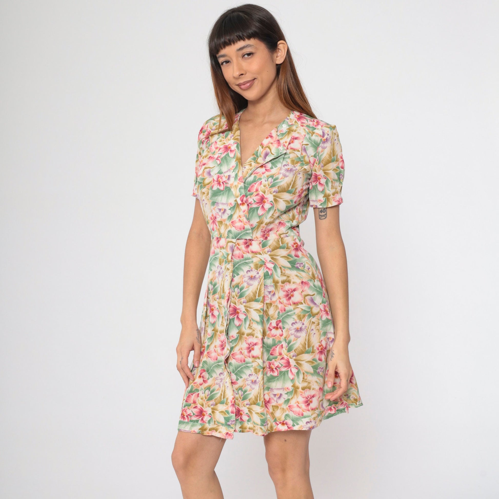 90s Liz Claiborne Tropical Floral Mini Dress Surplice Neckline Small