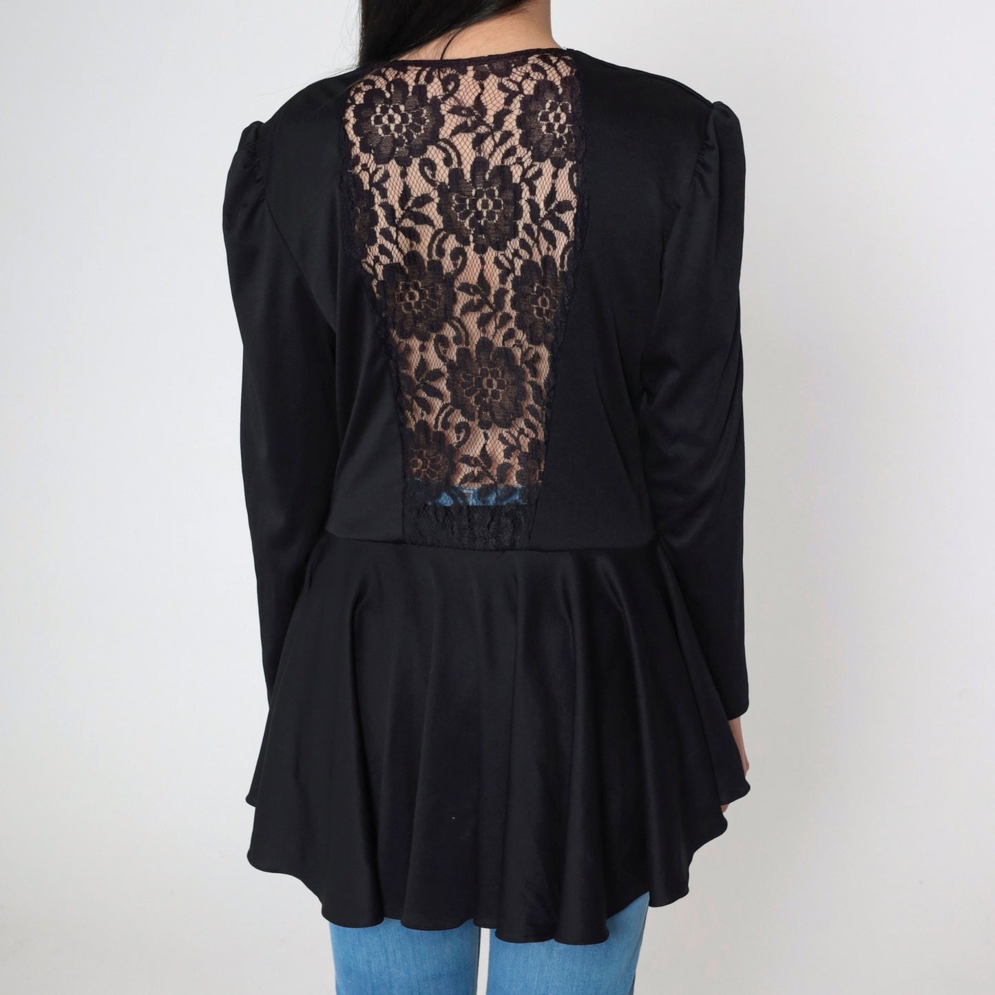 80s Black Lace Blouse Puff Sleeve Peplum High Low Sweetheart Neckline Medium