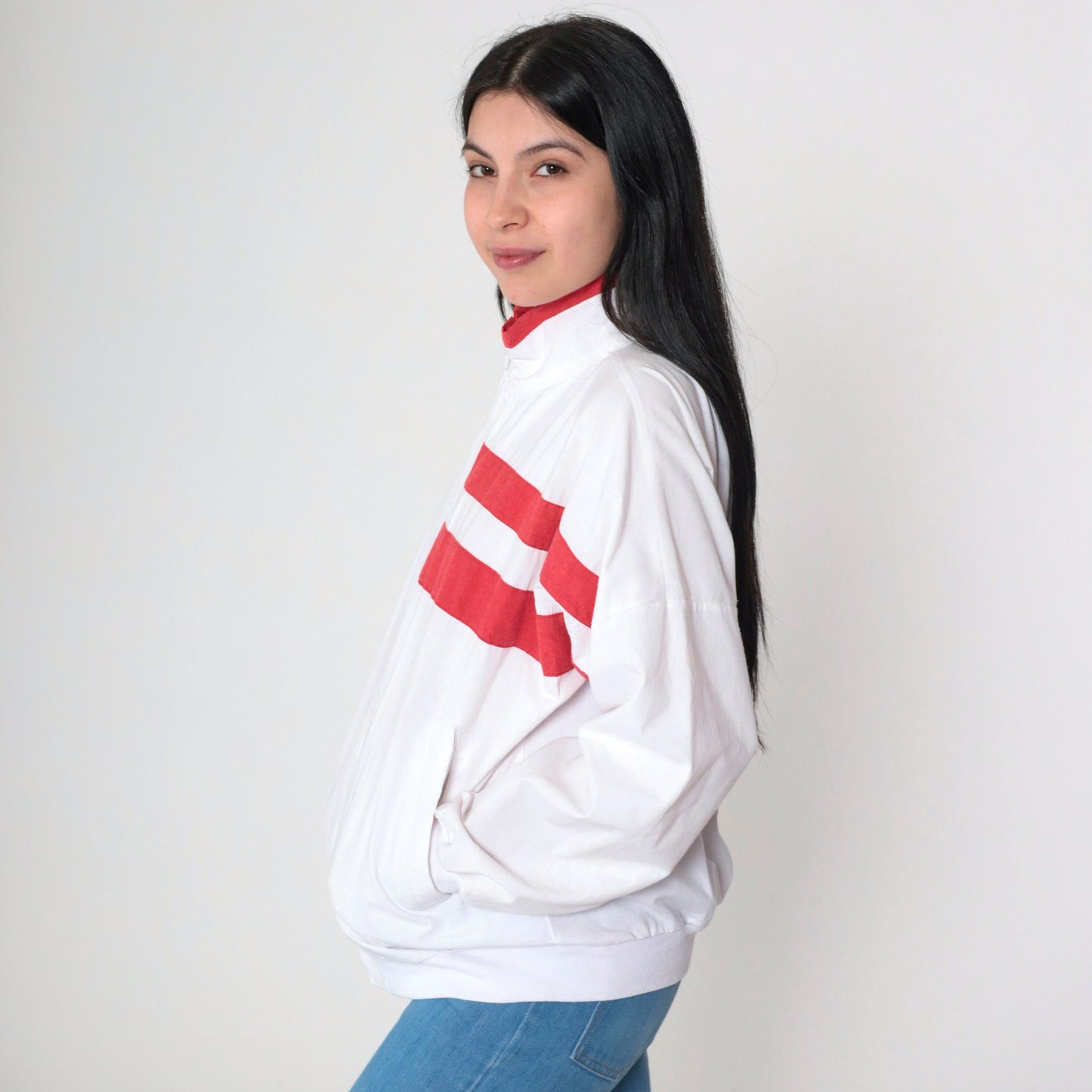 90s Striped Windbreaker Jacket White Red Zip-Up Small