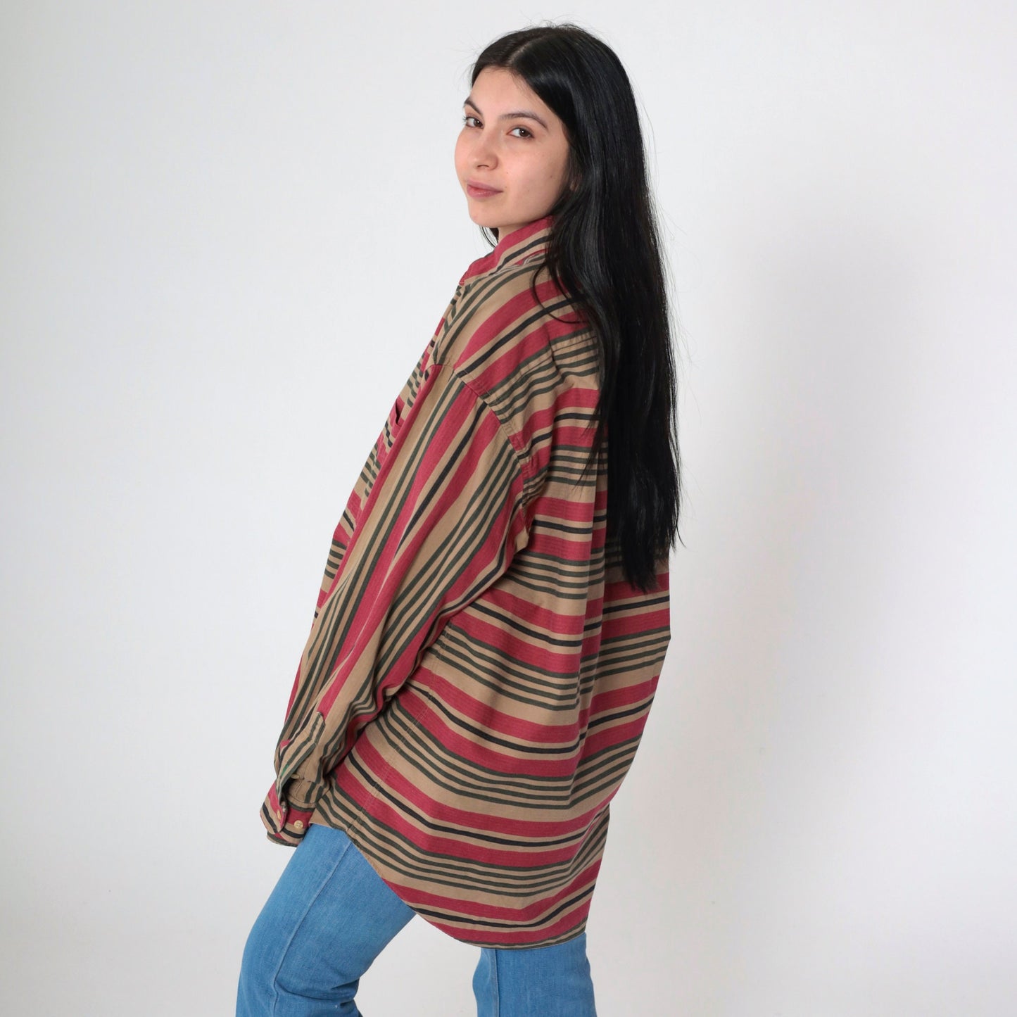 90s Tommy Hilfiger Striped Oxford Button Up Red Brown Cotton Large
