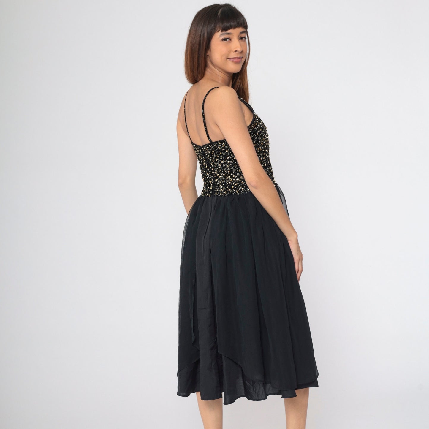 80s Black Velvet Beaded Chiffon Midi Dress Gold Sequins Spaghetti Strap Small