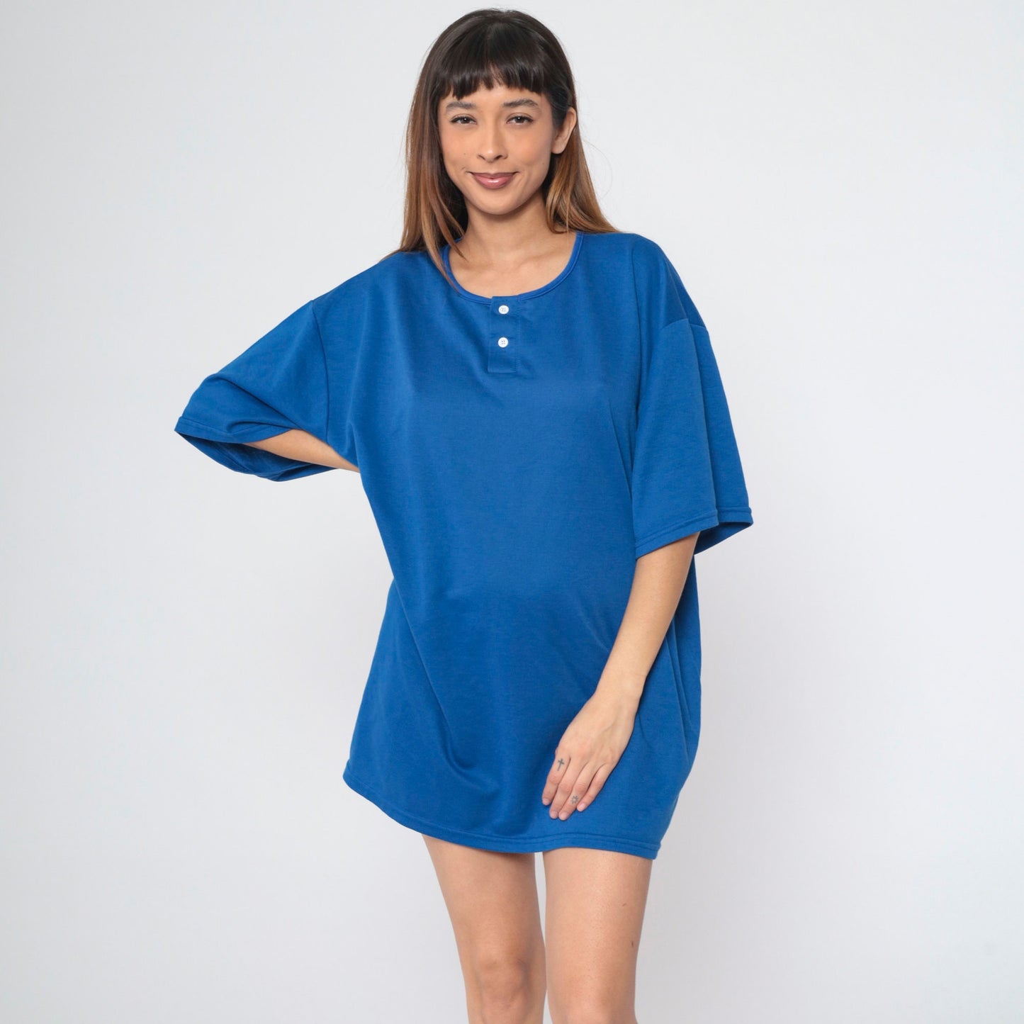 90s Royal Blue Henley T-Shirt Plus Size XXL Vintage Button Neck Tee
