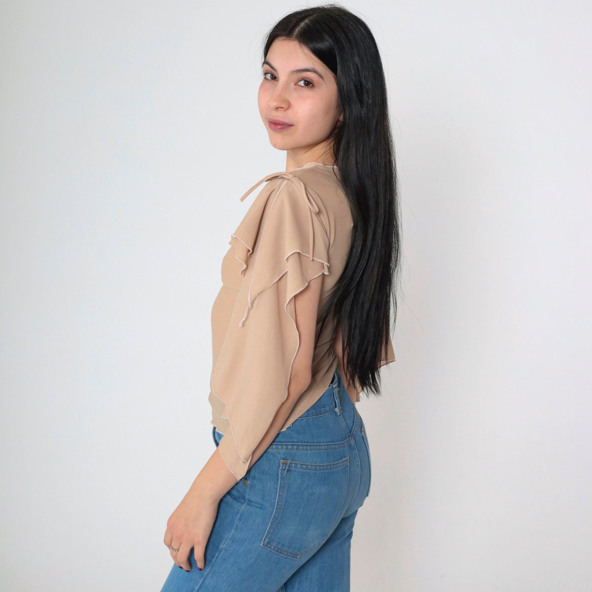 Y2K Nina Piu Sheer Mesh Top Tan Cape Sleeve V-Neck Small S