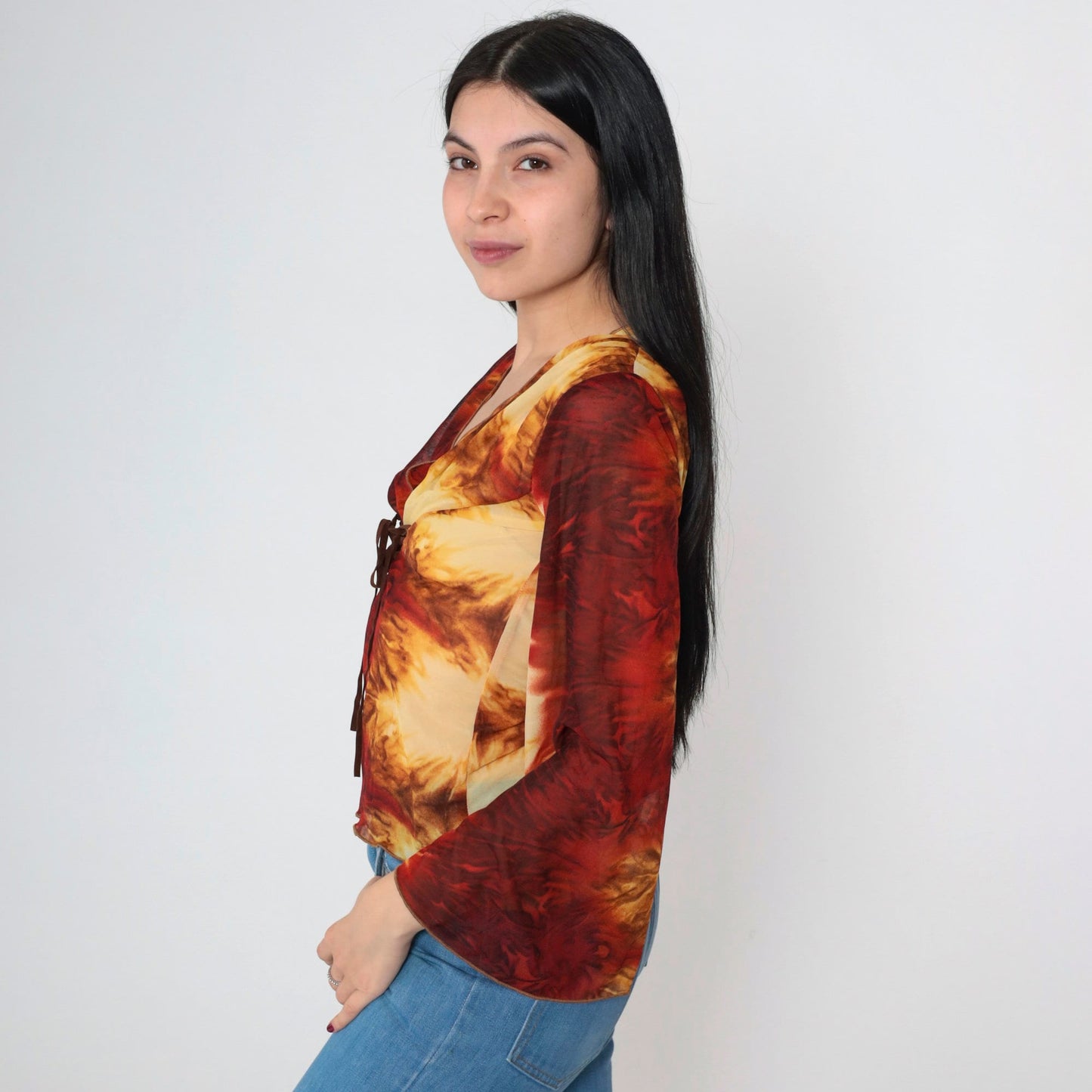 Y2K Tie Dye Mesh Lace Up Corset Blouse Bell Sleeve V Neck Small S