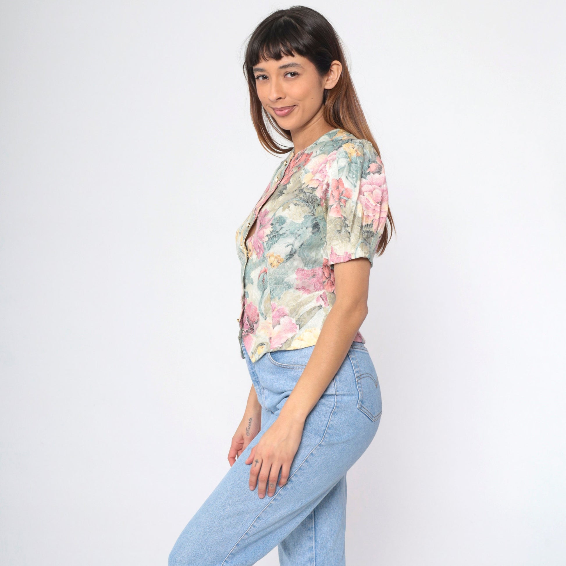 80s Damask Floral Button-Up Blouse Lavender Puff Sleeve Pearl Buttons Small