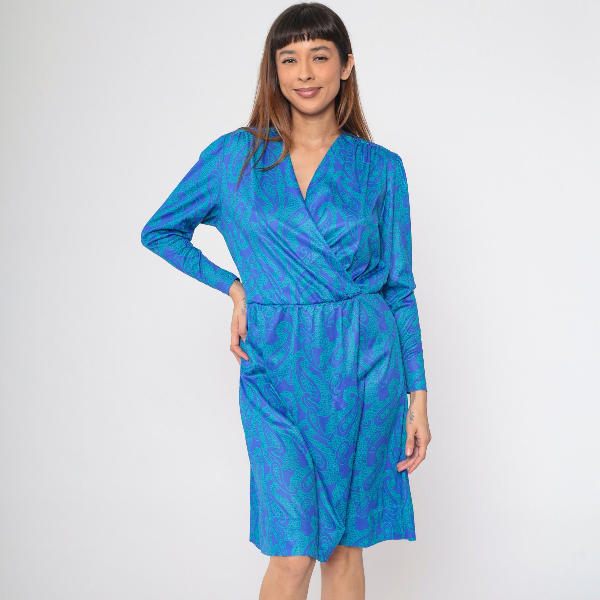 90s Blair Paisley Faux Wrap Midi Dress Puff Sleeve V-Neck Blue Green Large
