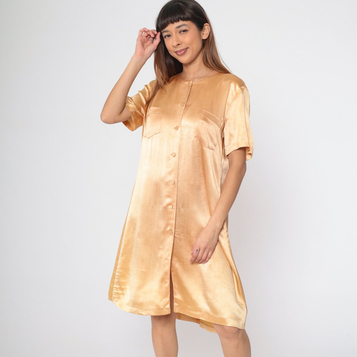 90s Wild Rose Apricot Shirtdress Knee-Length Button-Up Shift Dress Small