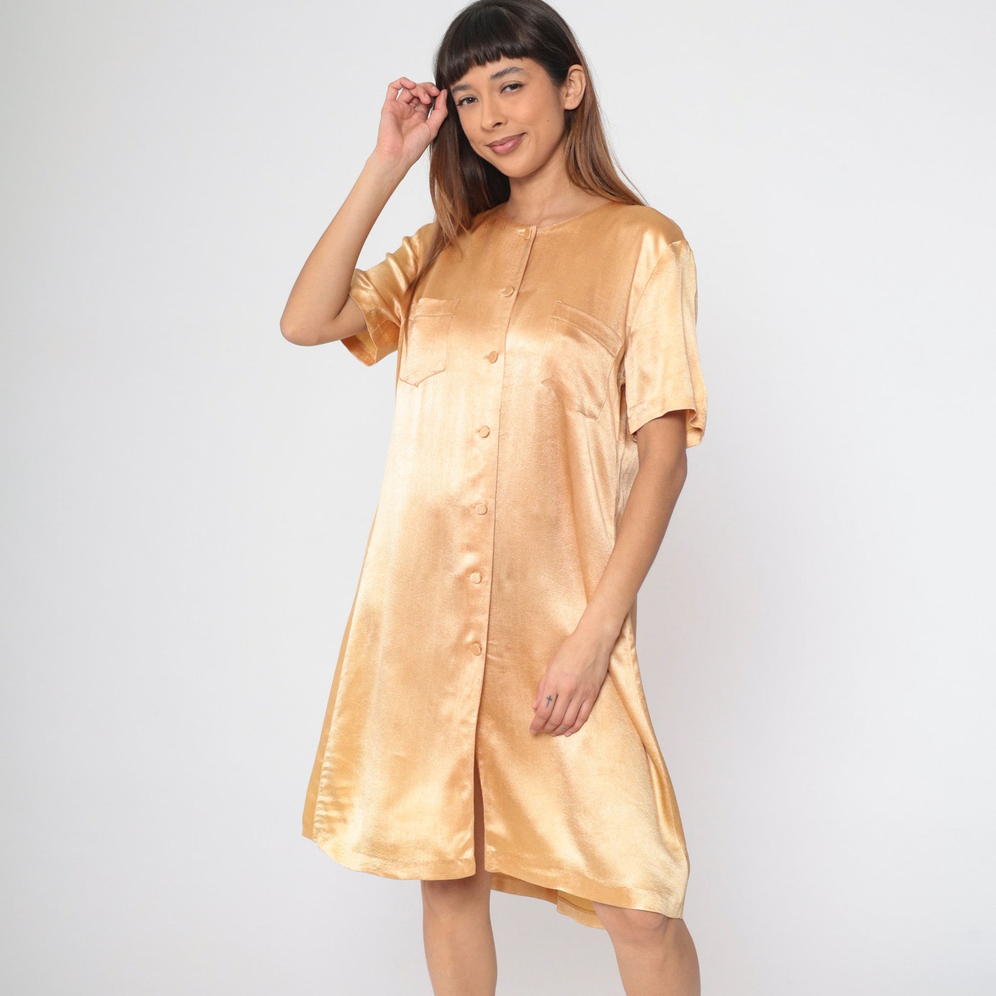 90s Wild Rose Apricot Shirtdress Knee-Length Button-Up Shift Dress Small