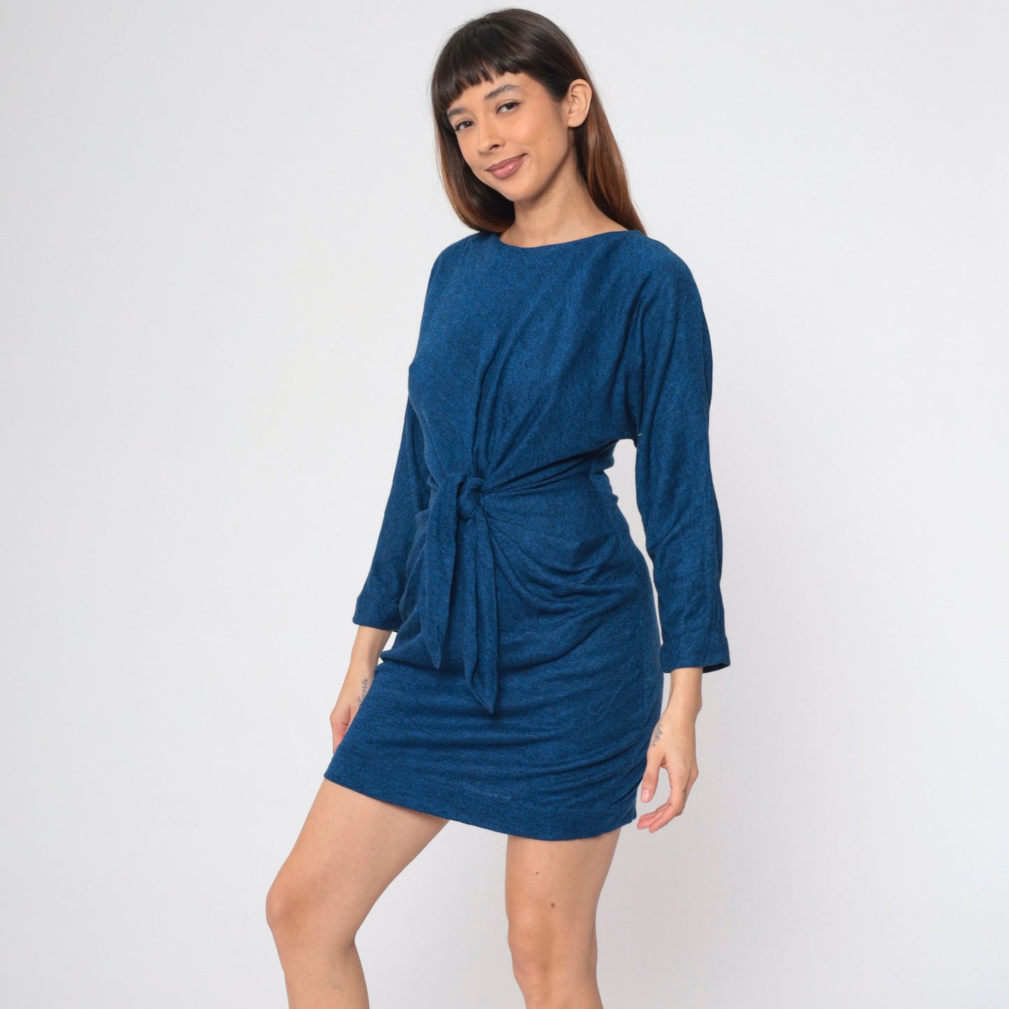 90s All That Jazz Knot Front Mini Dress Dark Blue Flecked Small