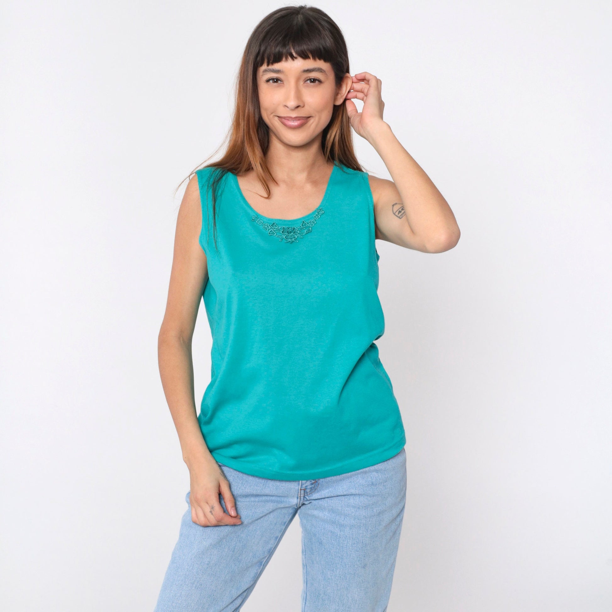 90s Teal Tank Top Floral Lace Trim Sleeveless Blouse Medium