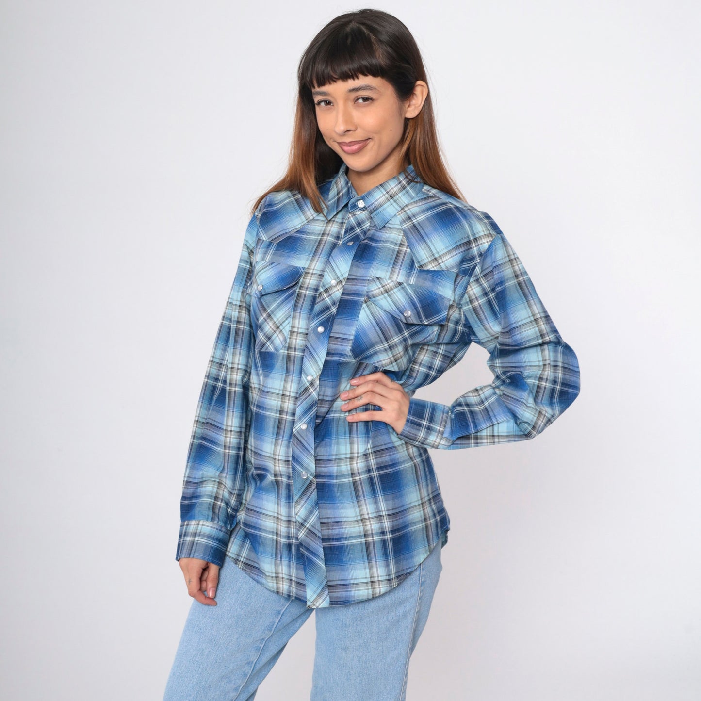 80s Haband Western Shirt Blue Plaid Pearl Snap Cowboy Small