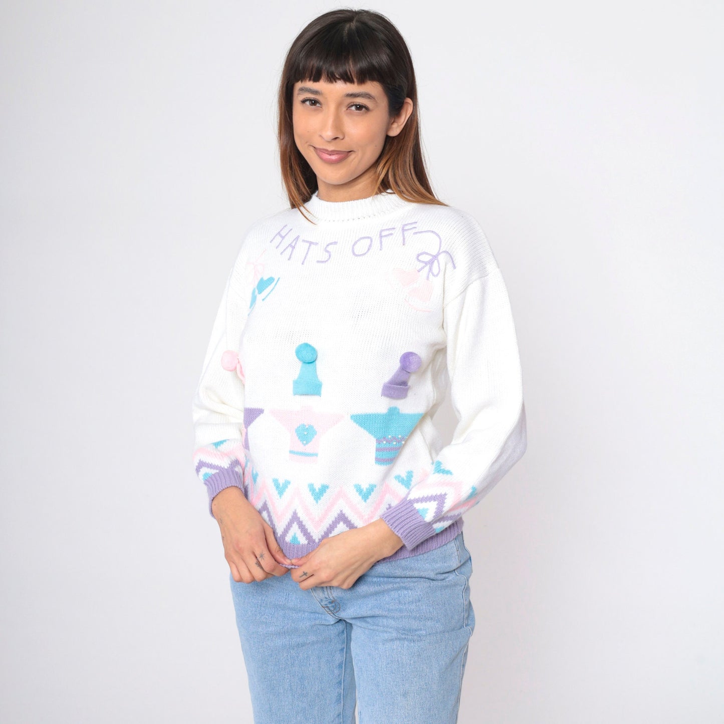 90s Hats Off Ice Skating Graphic Sweater Pastel Novelty Knit Small