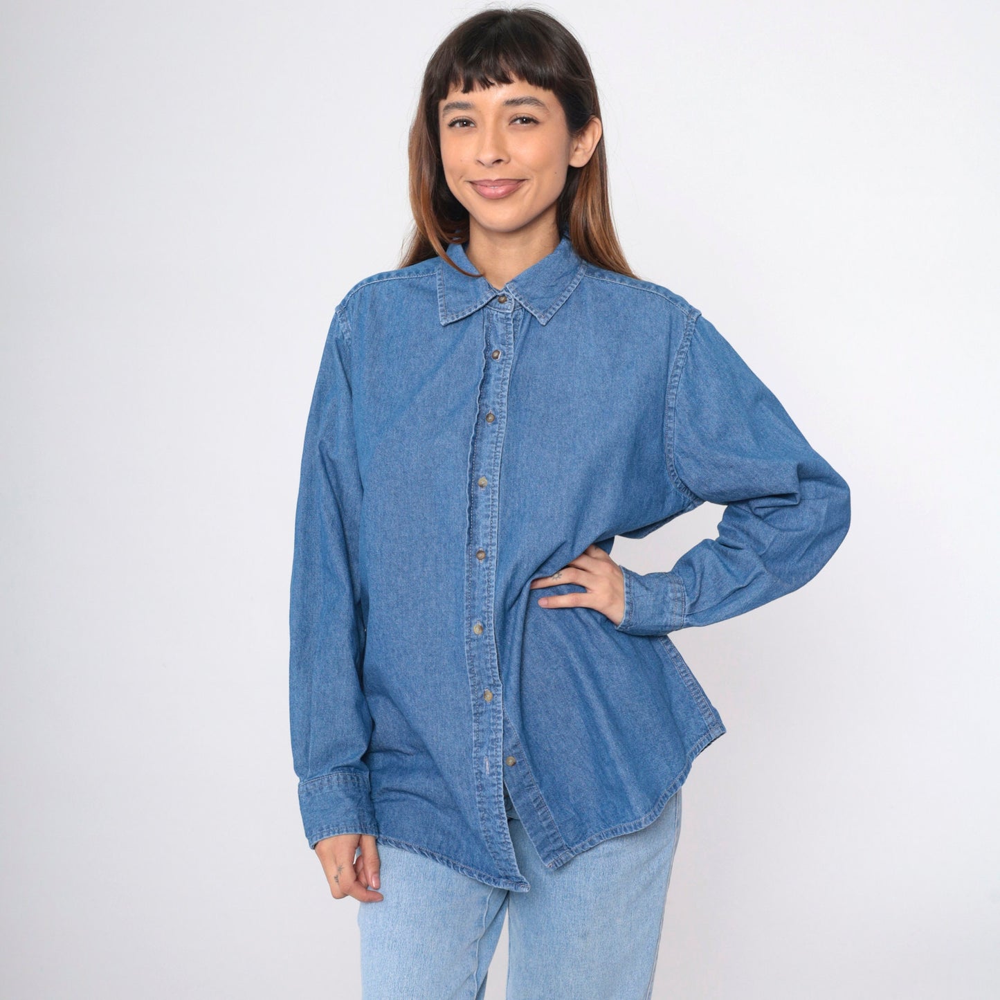 90s Vos Sports Blue Denim Button-Up Shirt Cotton Long Sleeve Extra Large XXL