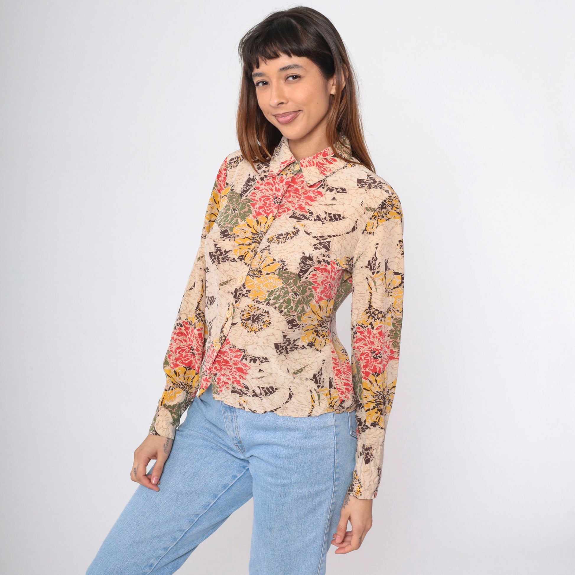 90s Abstract Floral Button-Up Blouse Beige Red Yellow Long Sleeve Medium
