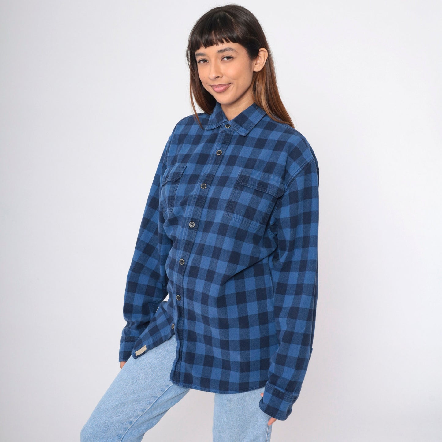 90s Jachs Buffalo Plaid Button-Up Shirt Blue Black Cotton Extra Large Tall