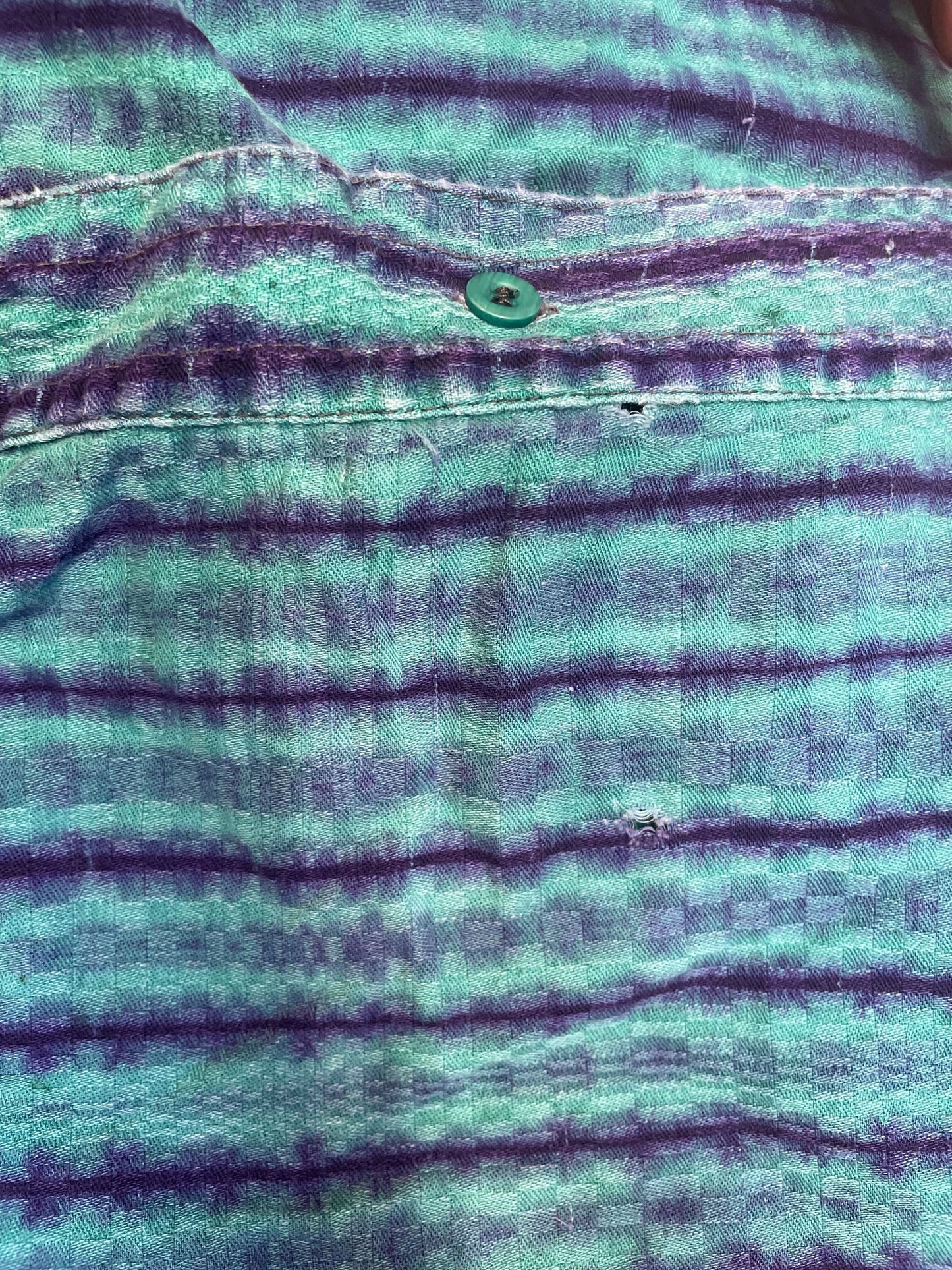 90s Ikat Striped Button-Up Shirt Green Indigo Oxford Short Sleeve Small