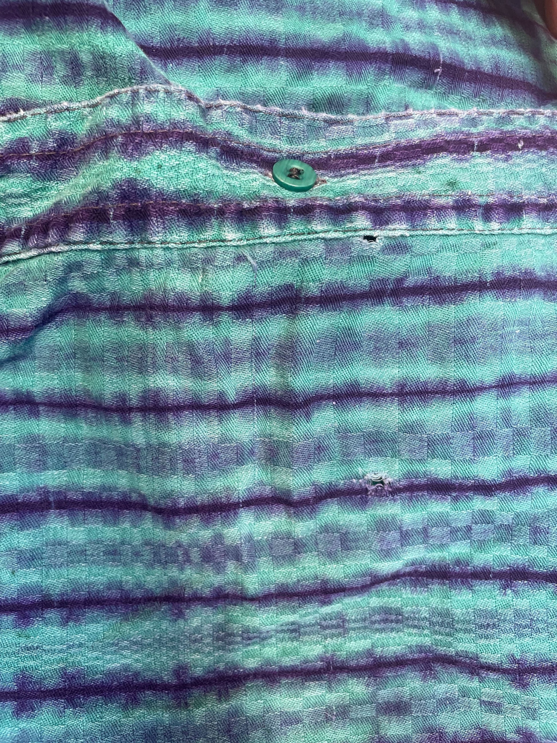 90s Ikat Striped Button-Up Shirt Green Indigo Oxford Short Sleeve Small