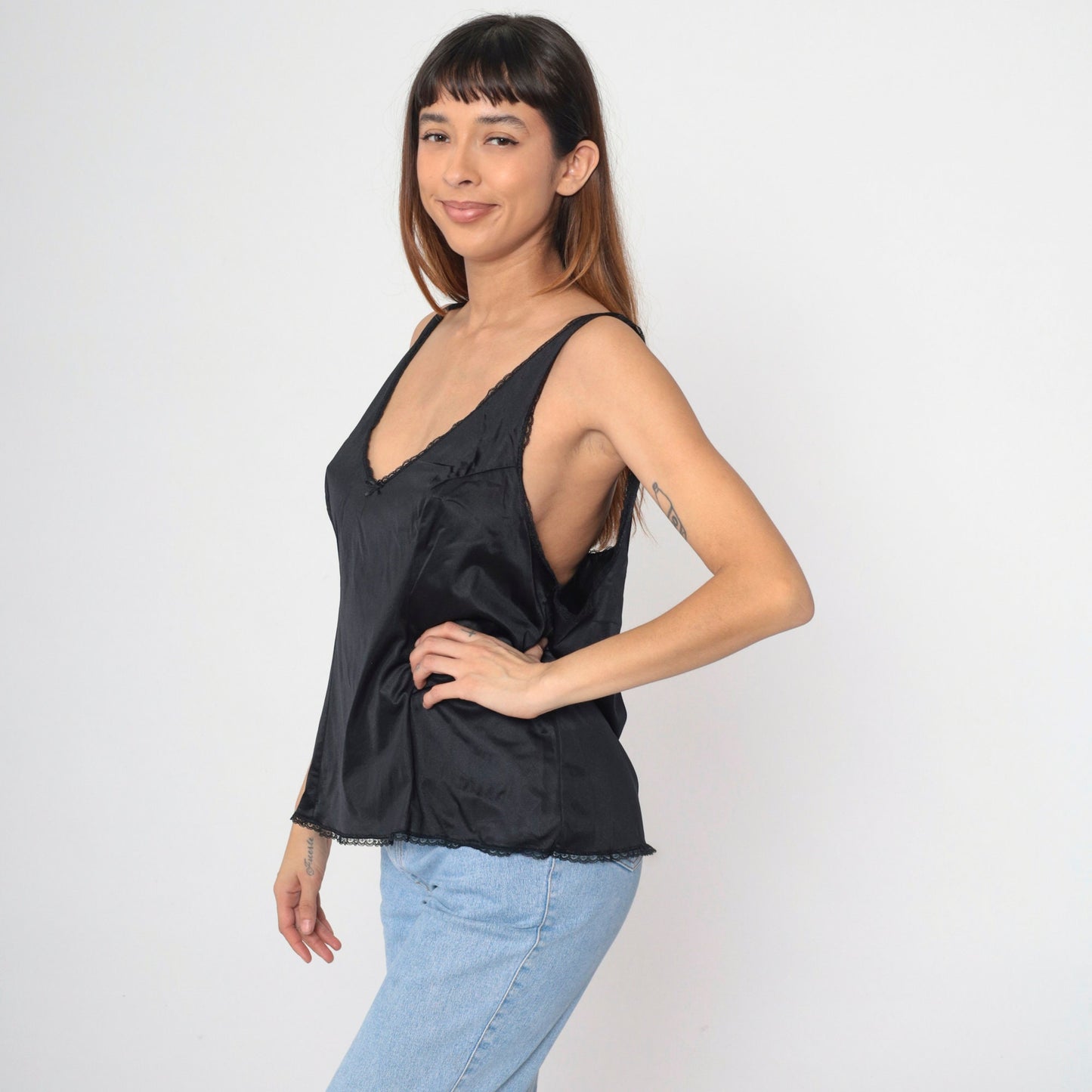 80s Vanity Fair Black Nylon Camisole Lace Trim V-Neck Bow Large