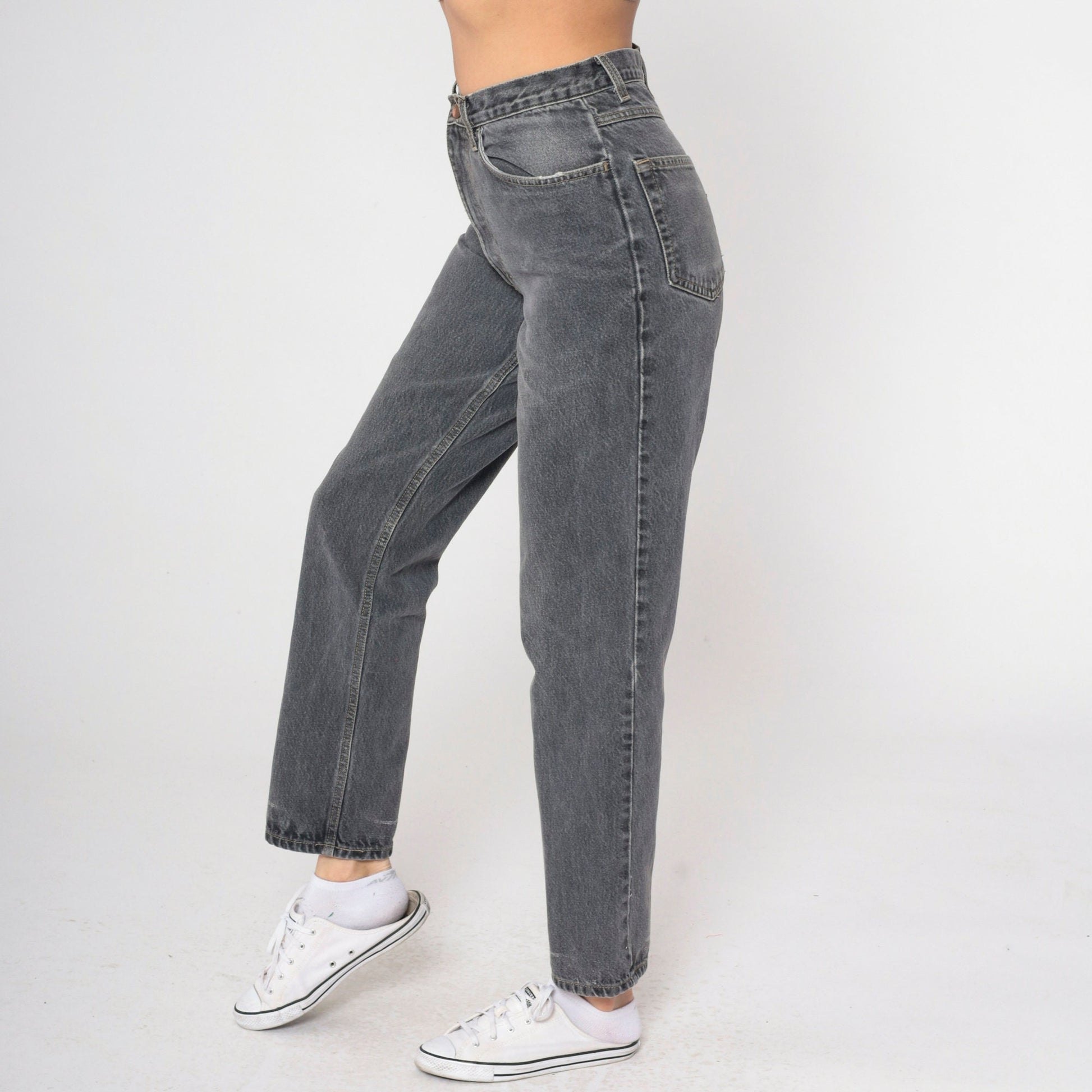 90s Basic Editions Grey Mom Jeans High Waist Tapered Denim Small 28