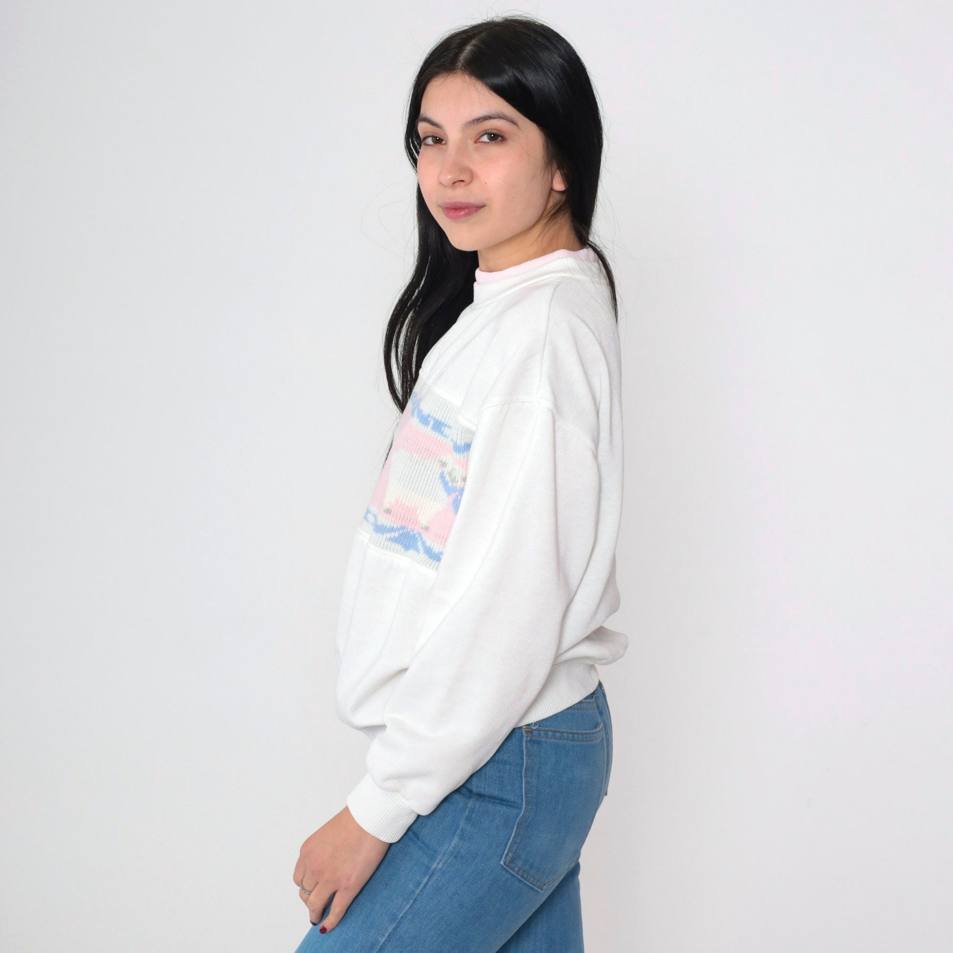 90s Sheep Graphic Sweatshirt White Ribbed Knit Crewneck Medium M