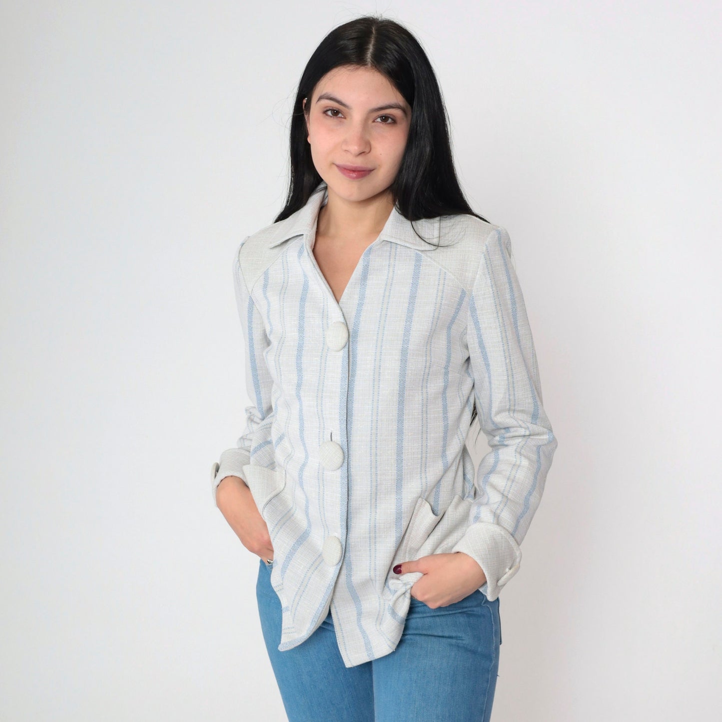 70s Striped Button-Up Blouse Grey Blue Vertical Stripes Collared V-Neck Medium