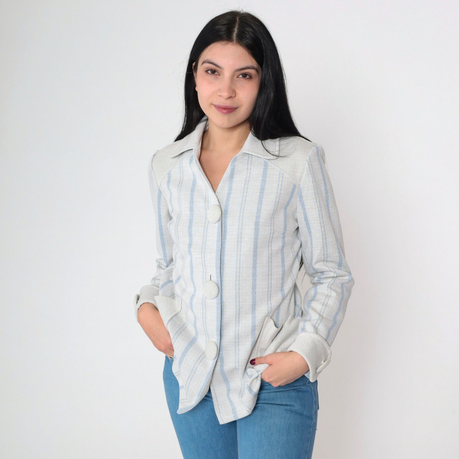 70s Striped Button-Up Blouse Grey Blue Vertical Stripes Collared V-Neck Medium